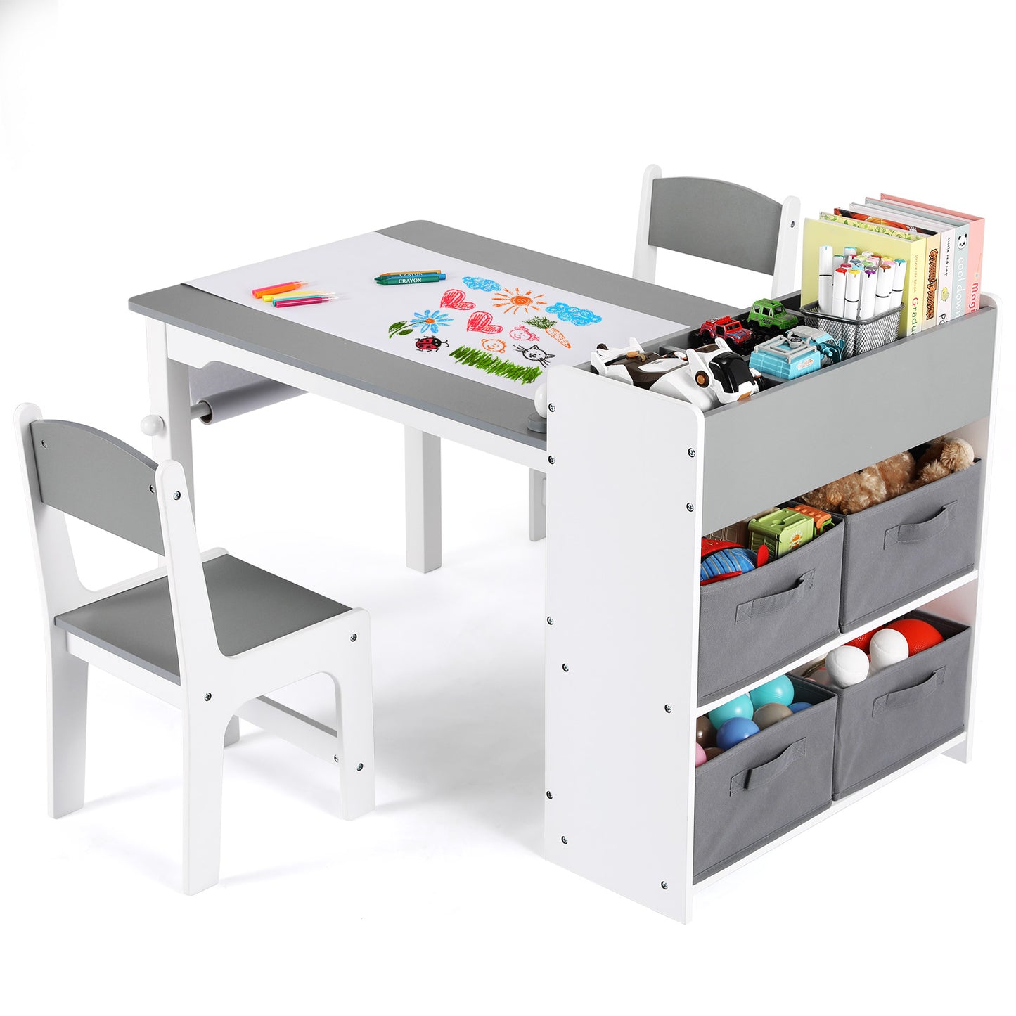 pirecart Kids Art Table and 2 Chairs, Wooden Drawing Desk with 4 Storage Bins