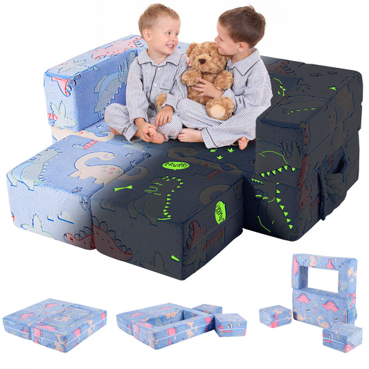 pirecart Kids Sofa Couch, Modular Toddler Couch with Glowing Dinosaur, 2 Ottomans and 1 Side Pocket