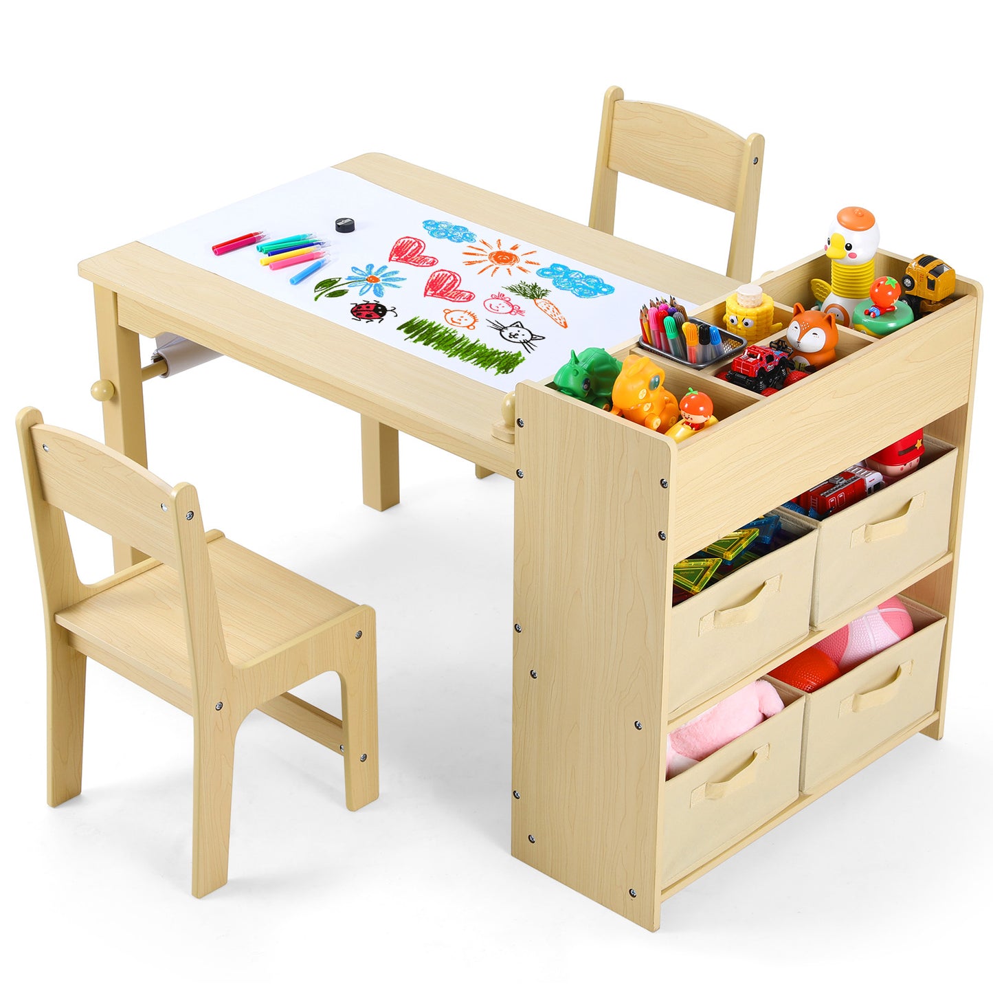 pirecart Kids Art Table and 2 Chairs, Wooden Drawing Desk with 4 Storage Bins