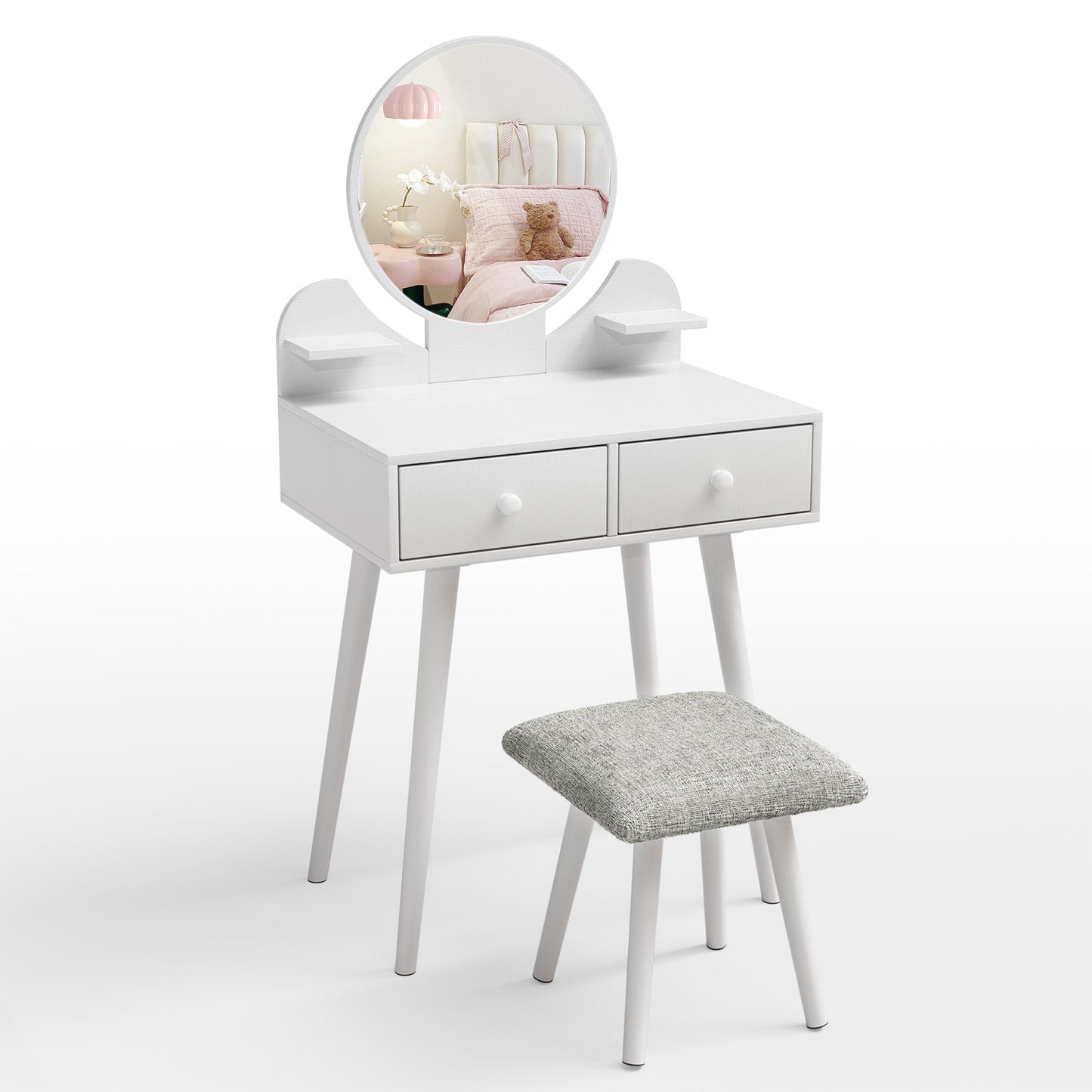 Pirecart Kids Vanity Table and Chair Set, 2 in 1 Wooden Makeup Table and Stool with Storage Drawer & Shelves & Detachable Top, Girls Vanit for Age 3+