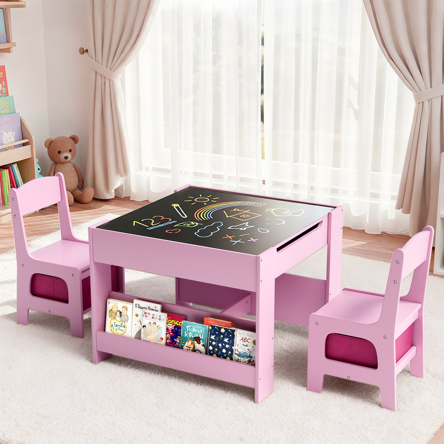 Pirecart Kids Table and Chair Set, 4 in 1 Wooden Art Table with Reversible Tabletop, Blackboard, Storage Drawer, Kids Activity Table Set for Drawing, Playing, Learning