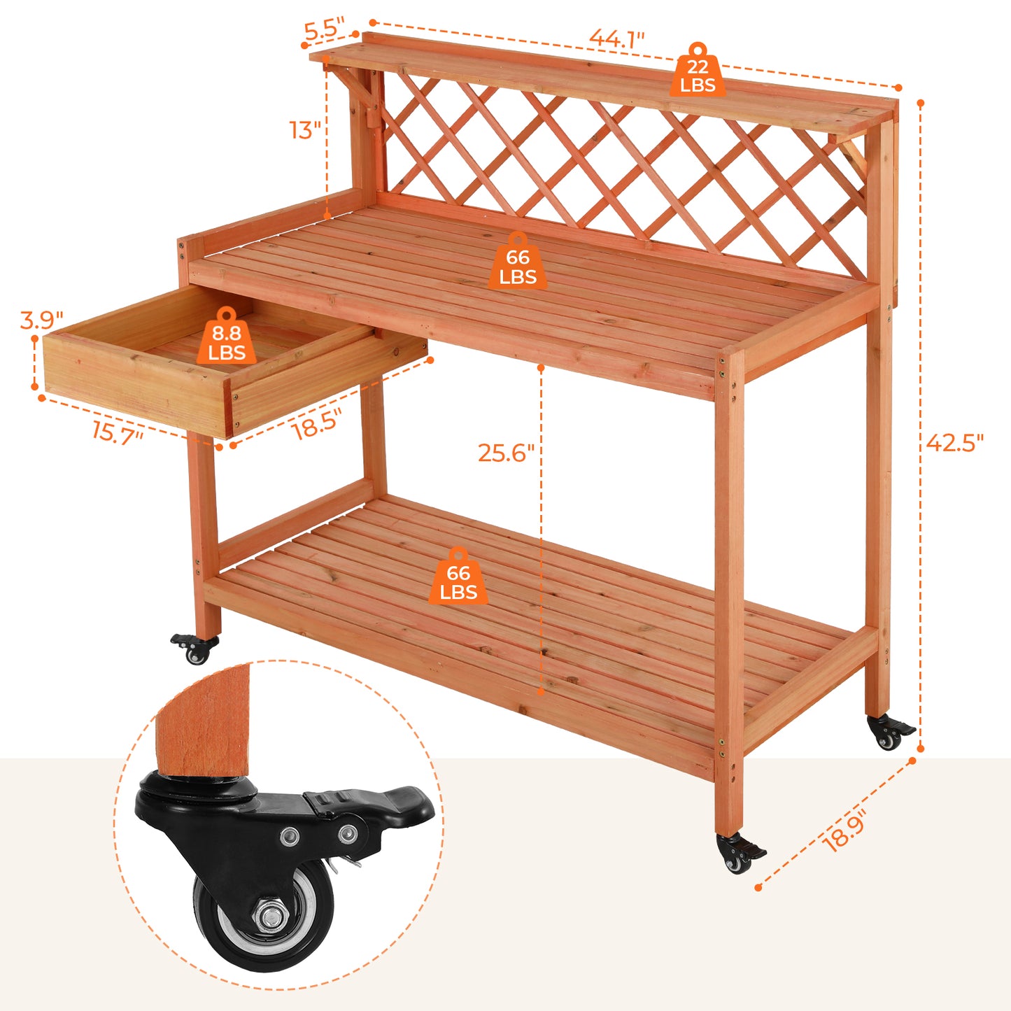 pirecart Outdoor Potting Bench Garden Table with 4 Wheels, Wooden   Planting Table Workstation