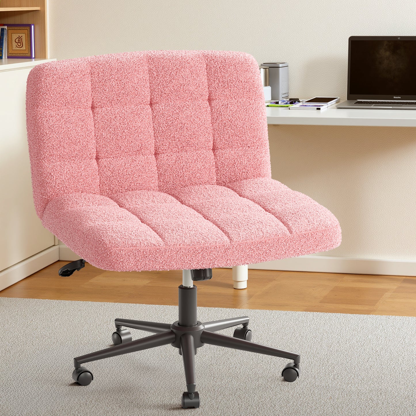 Pirecart Criss Cross Chair with Wheels, Armless Swivel Vanity Chair, Height Adjustable Cross Legged Office Chair with Comfy Wide Cushion for Desk, Vanity, Bedroom, Sherpa Fleece