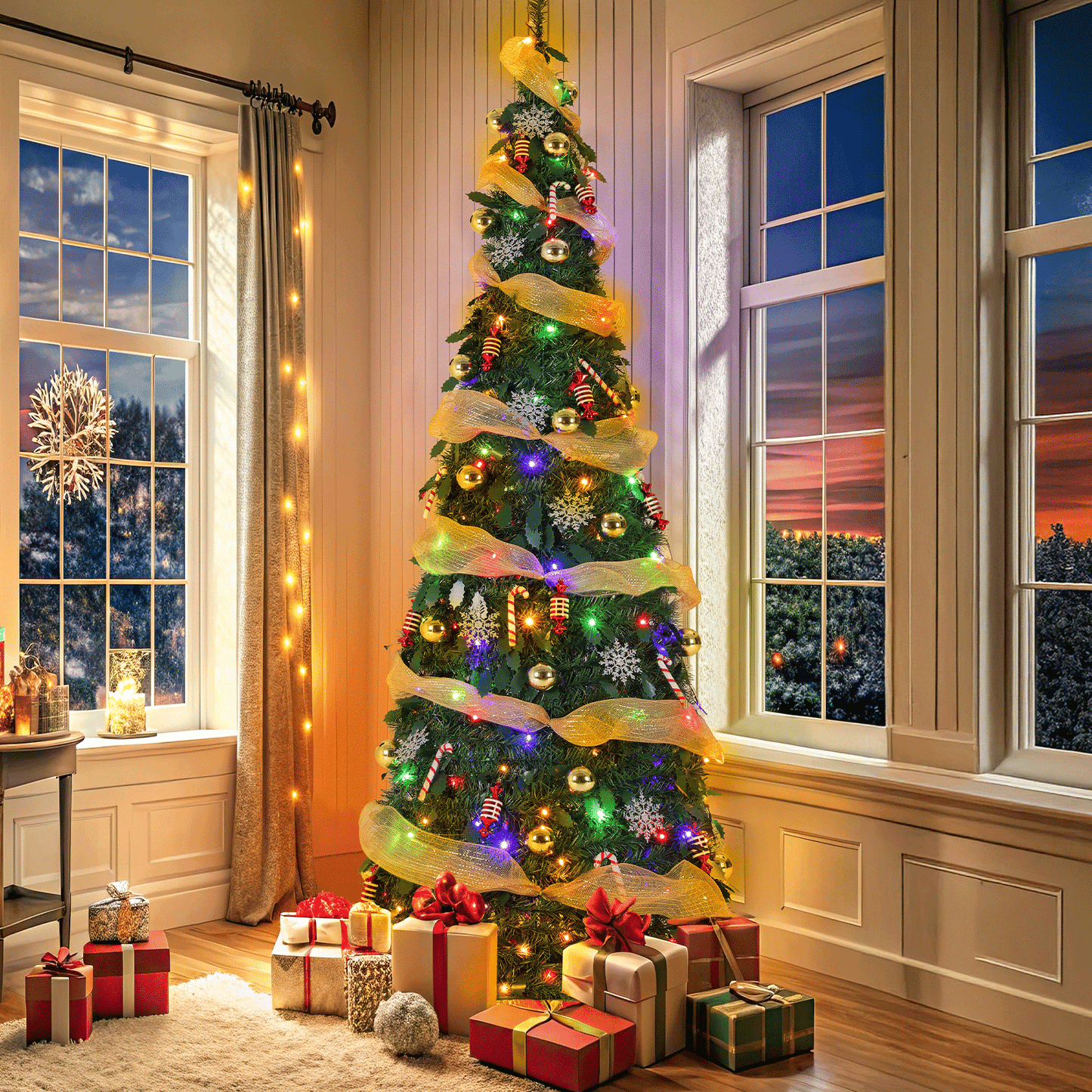 Pirecart 4/6/7 FT Collapsible Christmas Tree, Pop Up Christmas Tree with Light and Remote, Fully Decorated Pre-Lit with 11 Light Models Colored Light Balls,for Holiday Xmas Decor