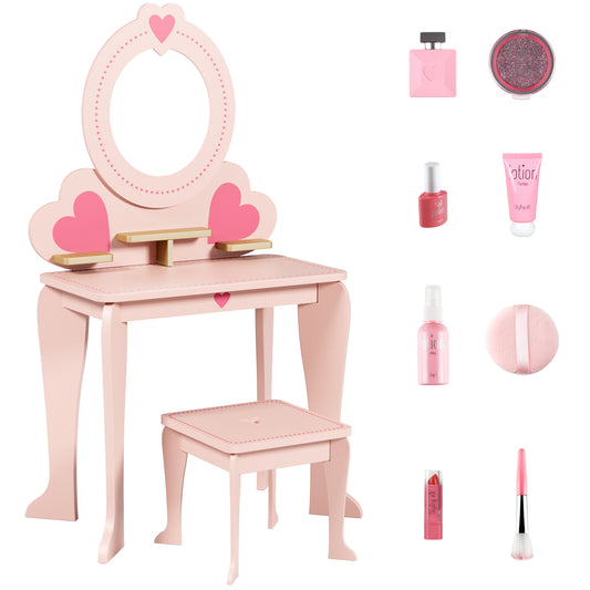 Pirecart Kids Vanity Makeup Table & Chair Set Make Up Stool Play Set for Children, Toddler Makeup Toy with 8 Pcs Accessories for Pretend Play