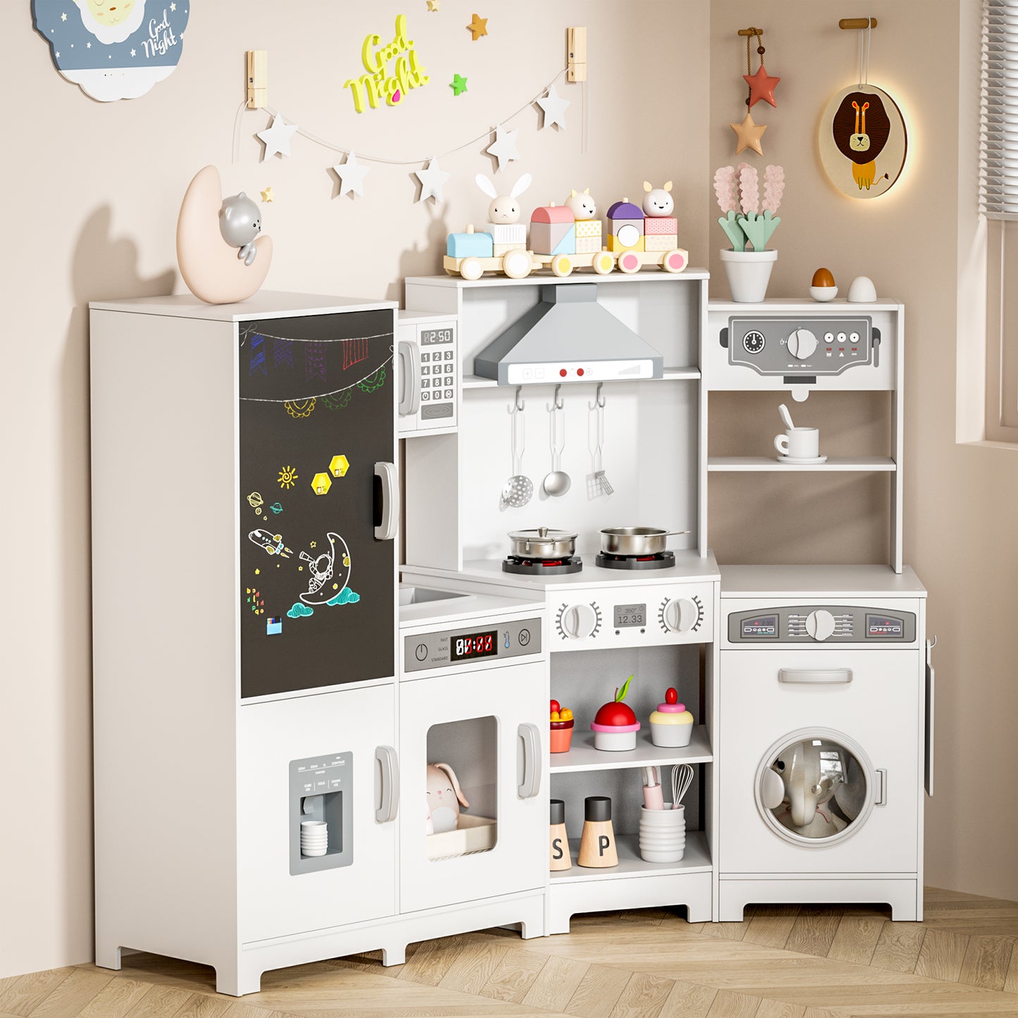 Pirecart Wooden Corner Play Kitchen, Kids Play Kitchen with Blackboard and 6Pcs Cooking Accessories, Toddler Play Kitchen Set with Realistic Sound & Light