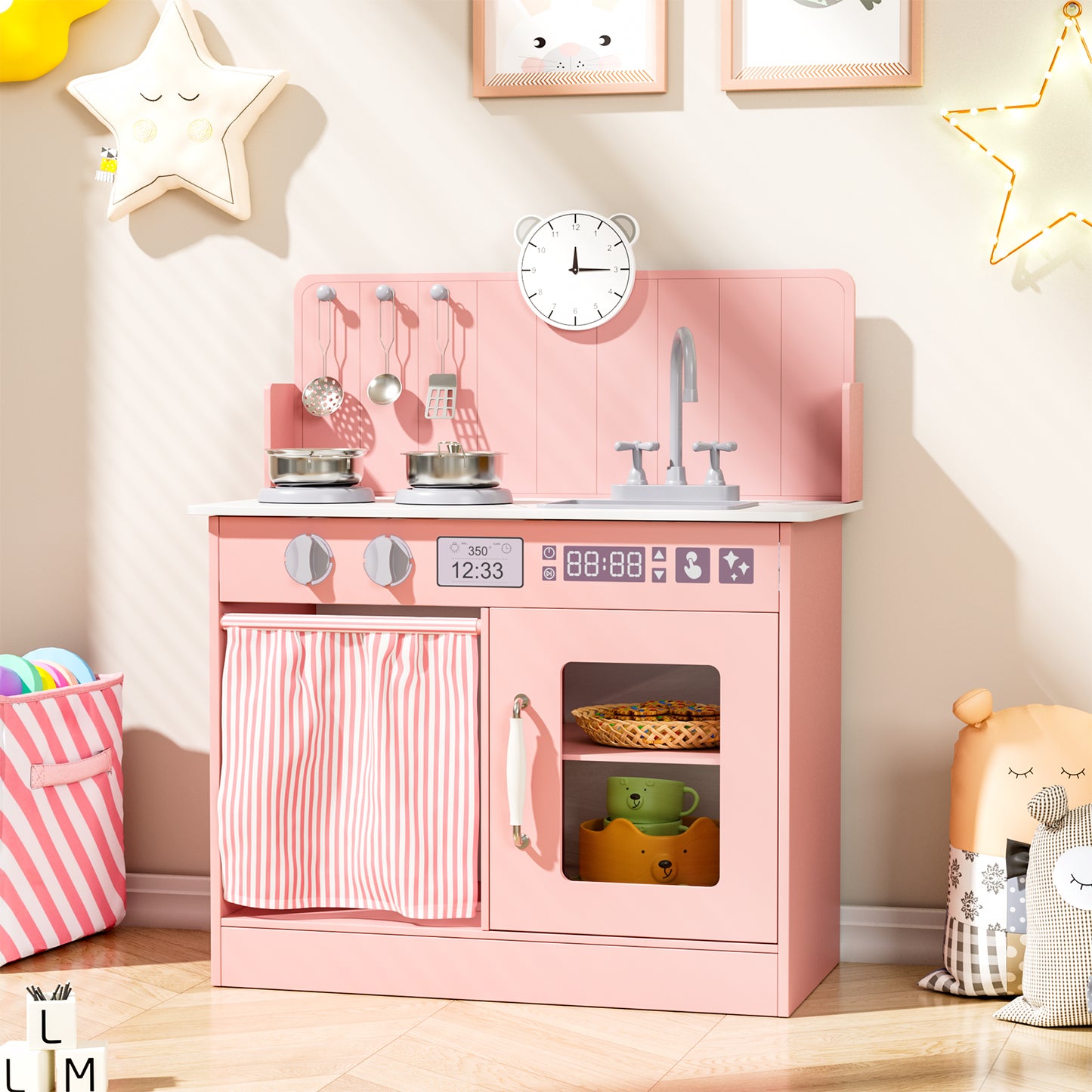 Pirecart Kids Play Kitchen with Ample Storage and Cooking Accessories, Toddler Kitchen Playset with Simulated Gas Tray, Clicking Knobs, Sink, Faucet