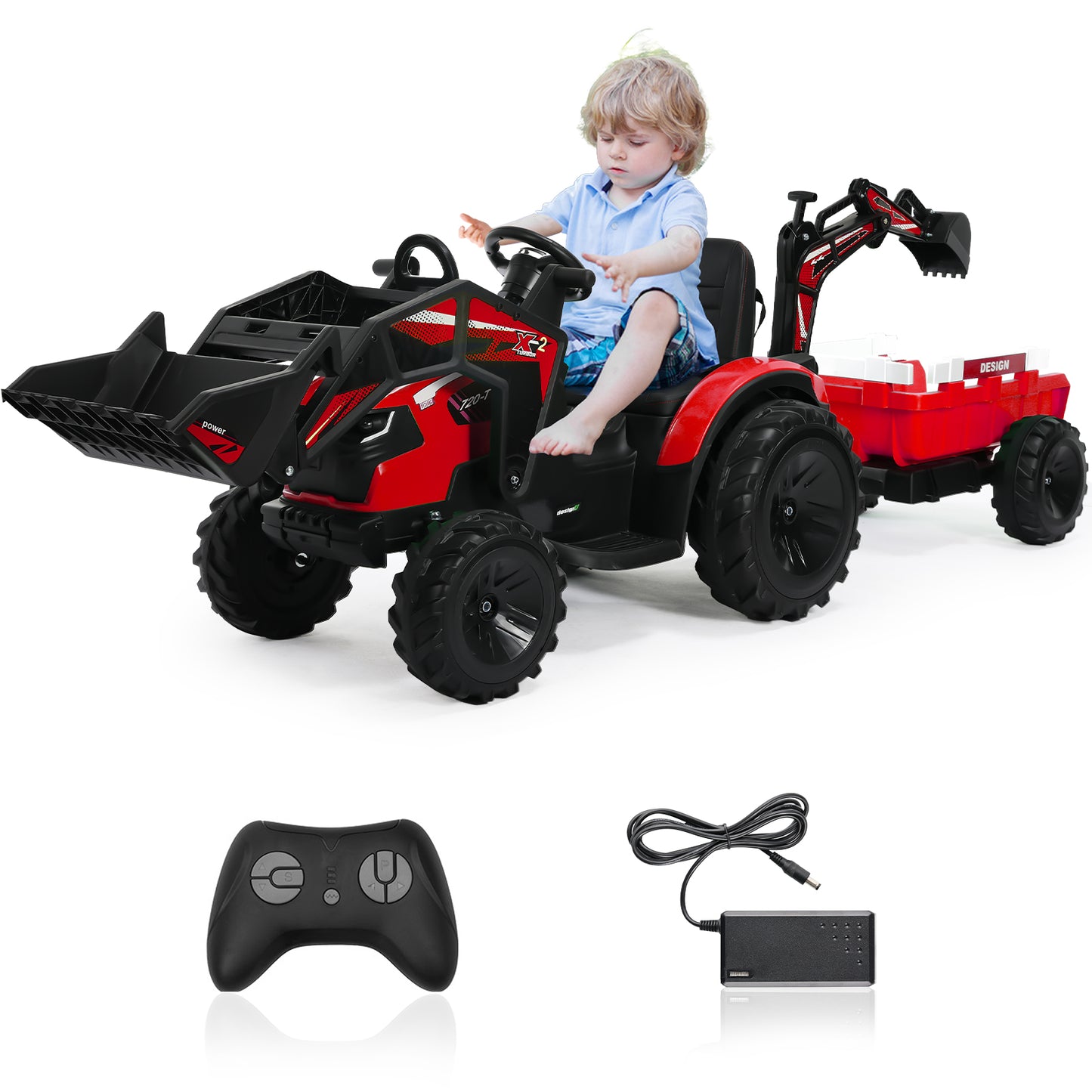 Pirecart 3 in 1 Ride on Tractor Excavator Bulldozer, 24V Kid Electric Vehicle w/Trailer, Shovel Bucket, Digger, Remote Control, LED Lights, EVA Tire, Music & Bluetooth, Toddler Ride on Car