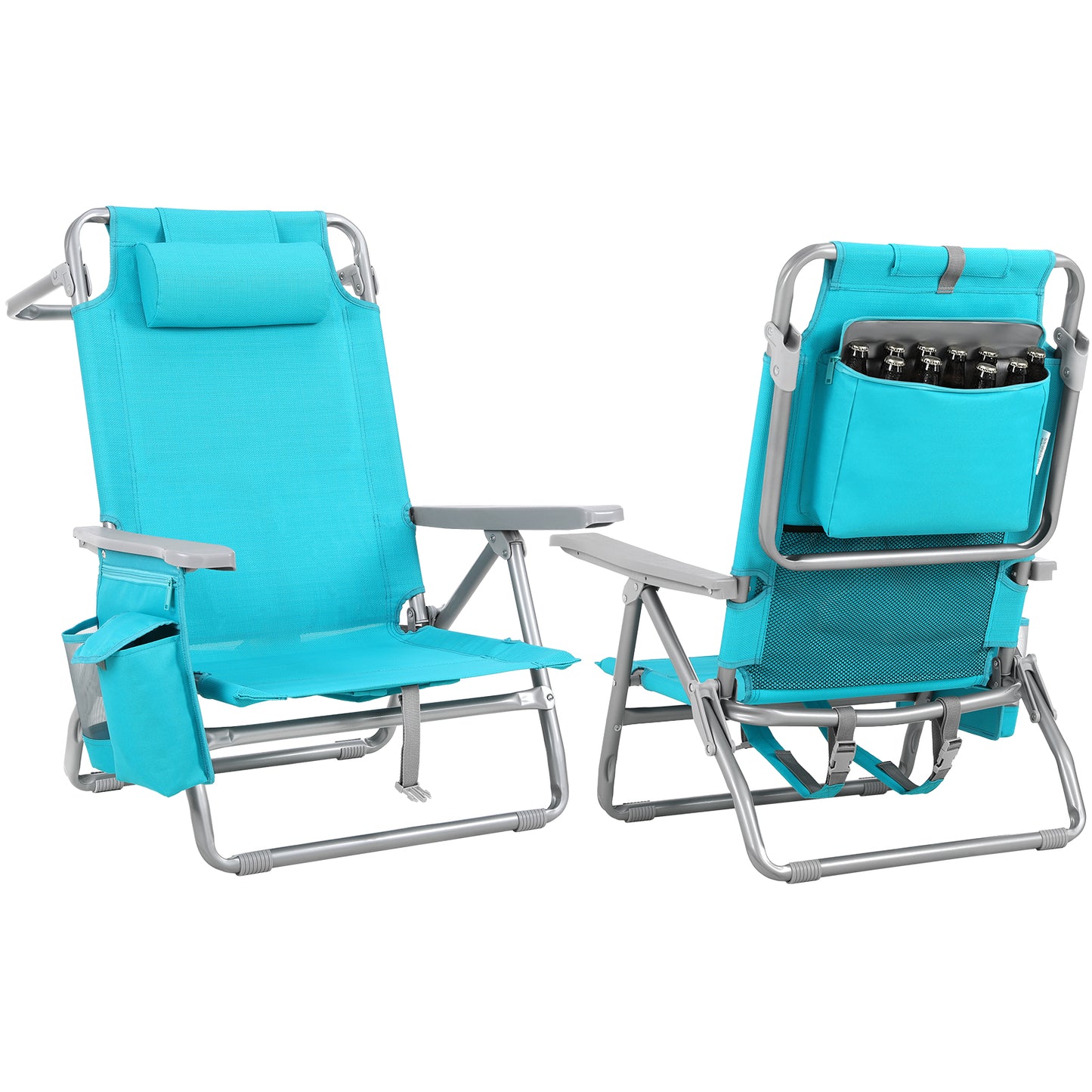 Foldable Beach Chair, 5-Position Lay Flat Reclining Beach Chair W/ Headrest, Storage Bag, Cooler Pouch,Towel Bar, Foot Mat