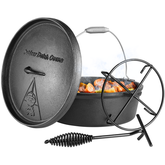 pirecart Dutch Oven Pot with Lid, 12 Quart Cast Iron Dutch Oven, without Feet, with Stand & Spiral-shaped Handle, Cast Iron Pot for Outdoor & Indoor