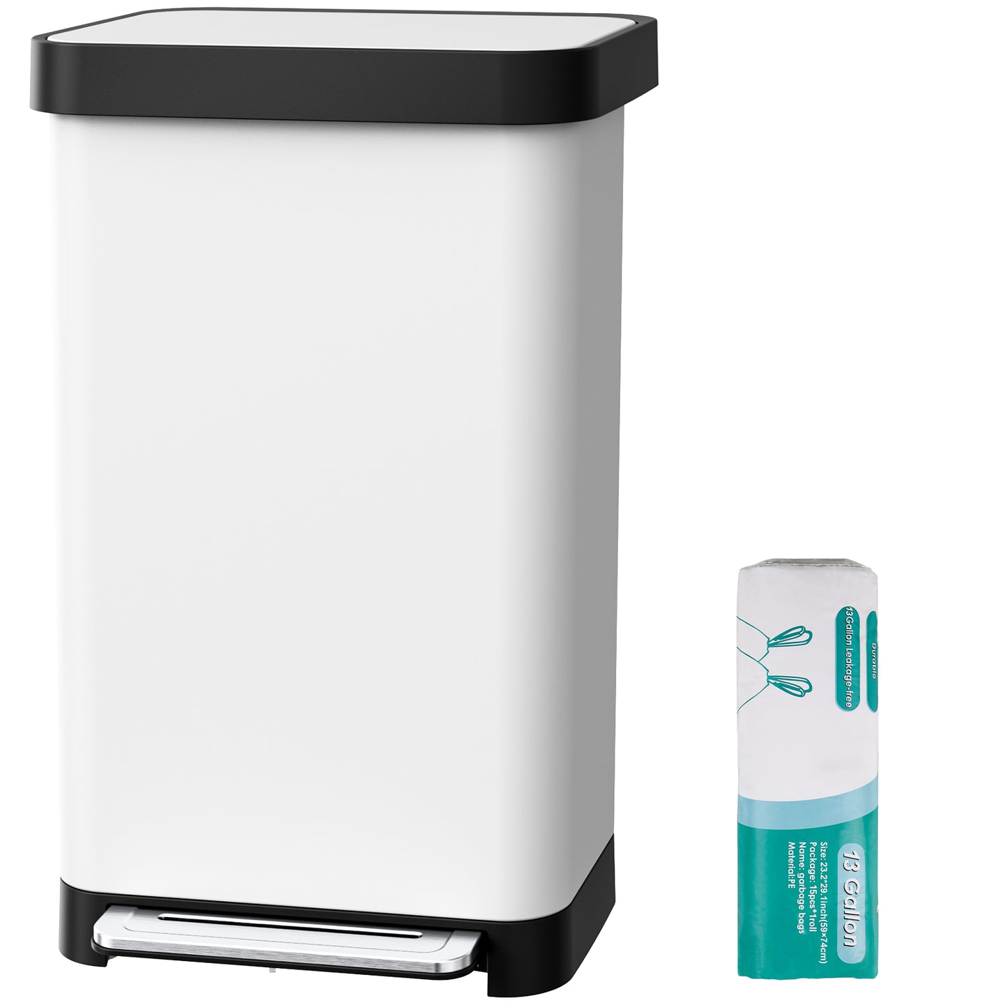 Pirecart 13.2 Gal Stainless Steel Trash Can, Soft-Close Lid Grabage Can with 15 Inner Bags, Rear Trash Bag Storage Compartment, Large Capacity Step Trash Can With Built-In Deodorizer Box