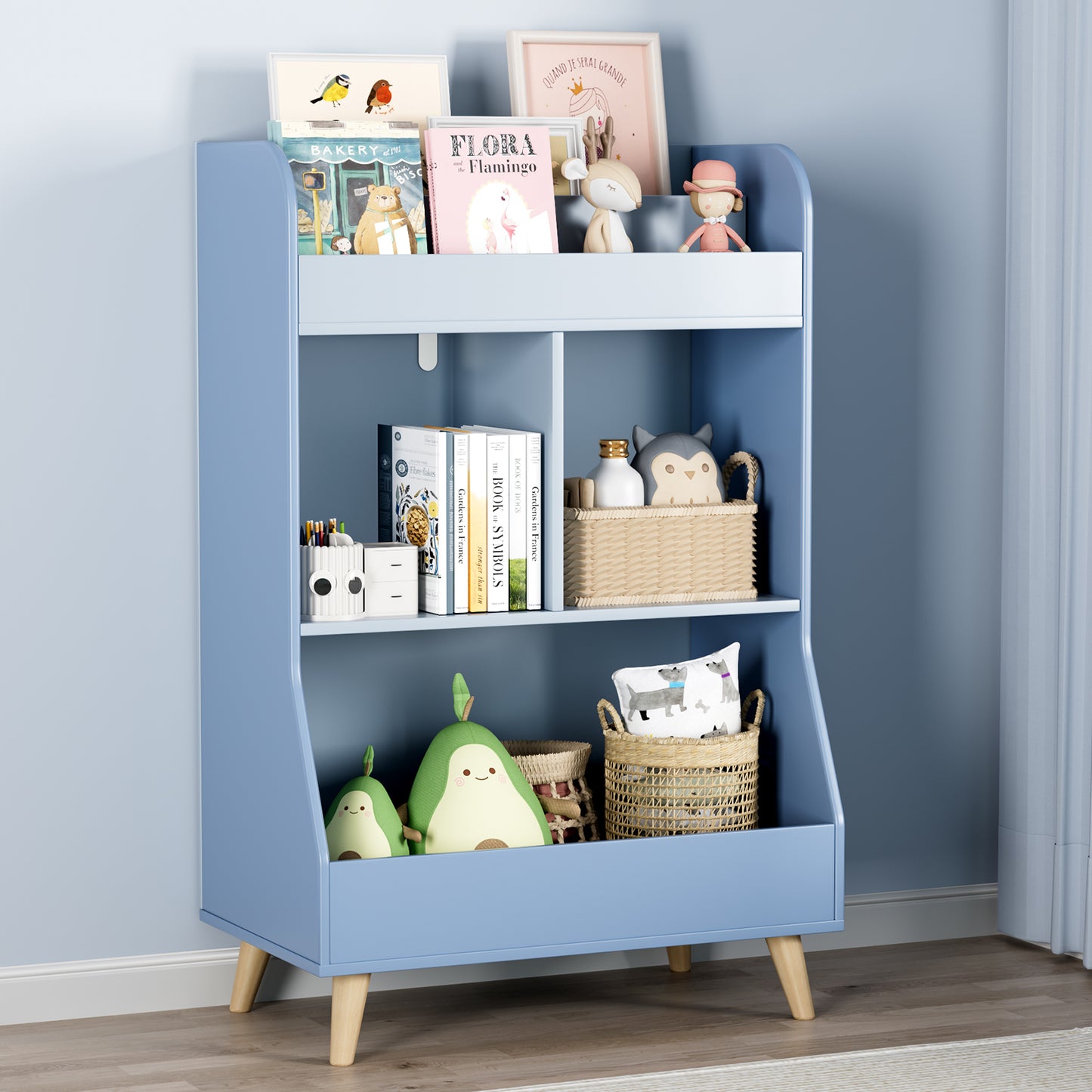 Pirecart Kids Bookshelf Kid's Cubby Toy Storage Cabinet with Legs for Bedroom, Living Room, Playroom, Nursery