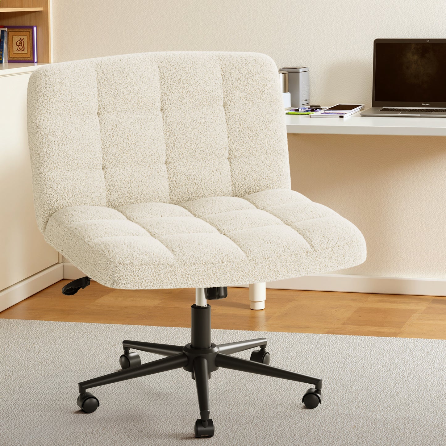 Pirecart Criss Cross Chair with Wheels, Armless Swivel Vanity Chair, Height Adjustable Cross Legged Office Chair with Comfy Wide Cushion for Desk, Vanity, Bedroom, Sherpa Fleece