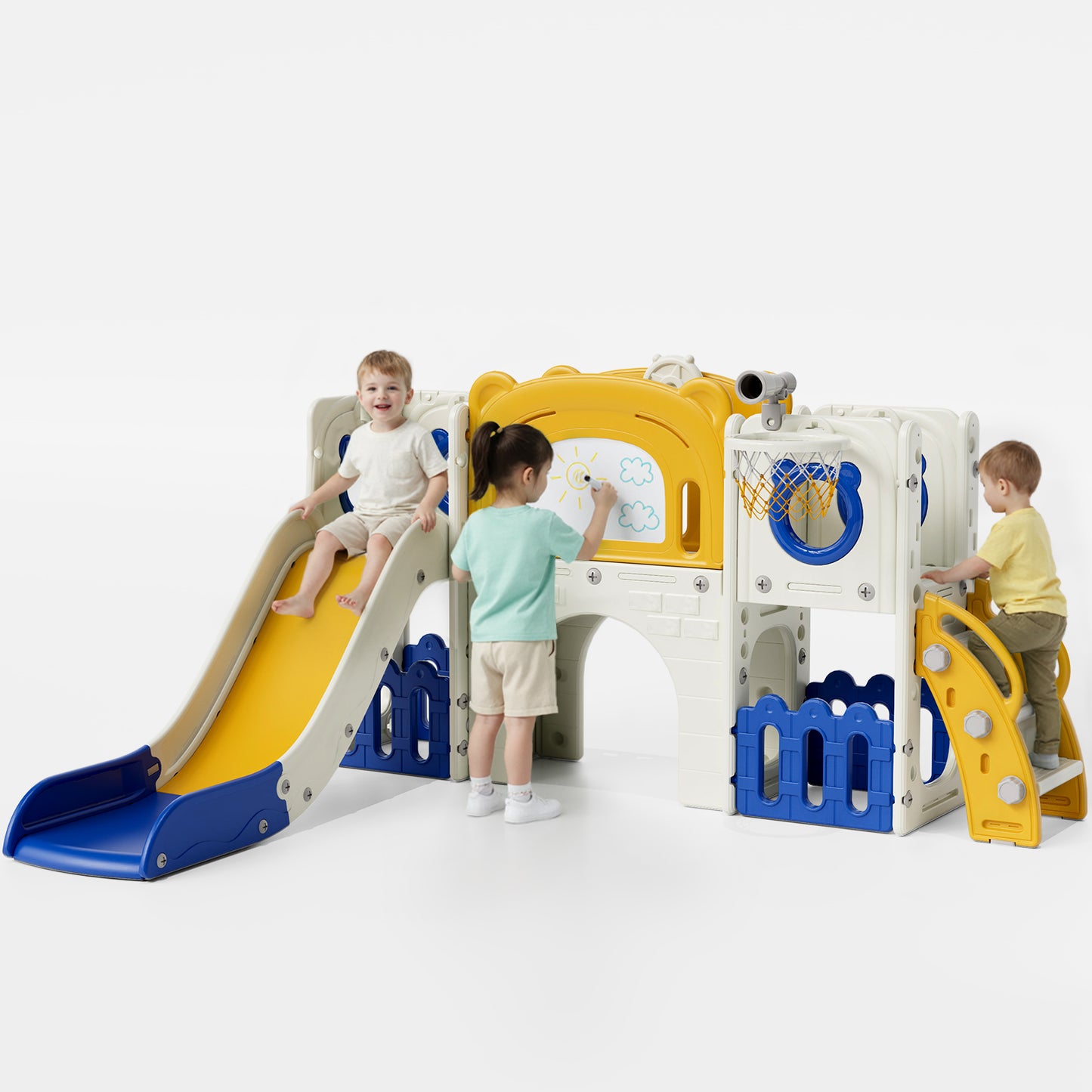 Pirecart 10-in-1 Kids Slide, Indoor Outdoor Toddler Slide Playground with Drawing Board, Basketball Hoop, Tunnel & Storage for Playroom, Kindergarten, Backyard, Gift for Children Age 3+