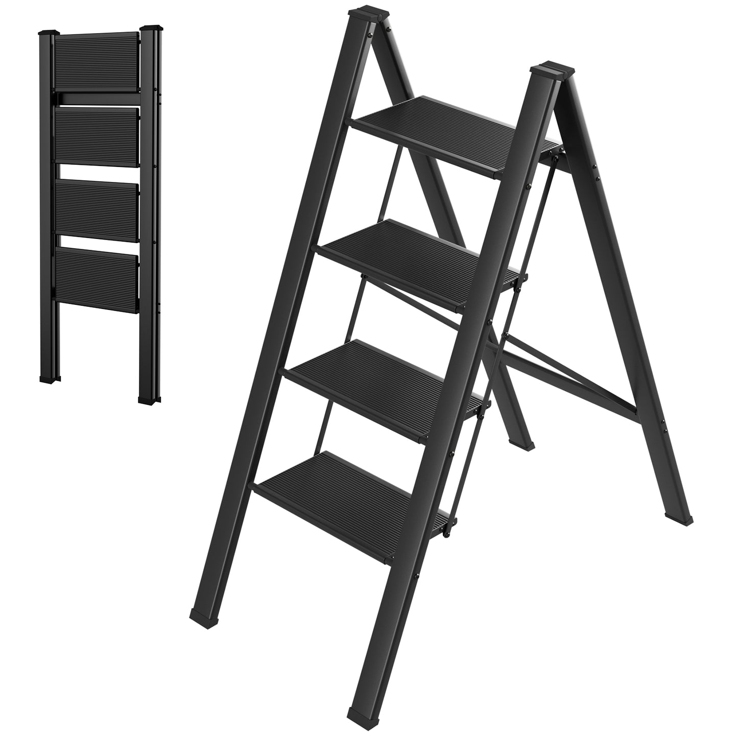 pirecart 3/4 Step Ladder, Aluminum Portable Folding Step Stool with Wide Anti-Slip Pedals