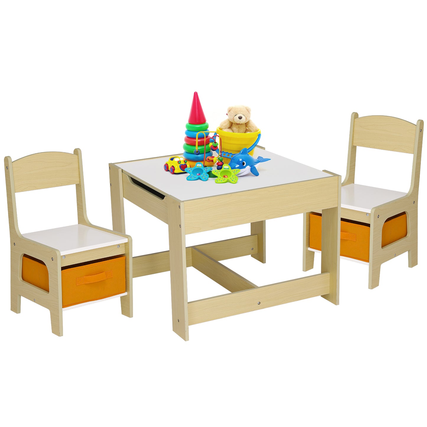 pirecart Kids Wood Table & 2 Chairs Set Children Activity Table with Storage Boxes