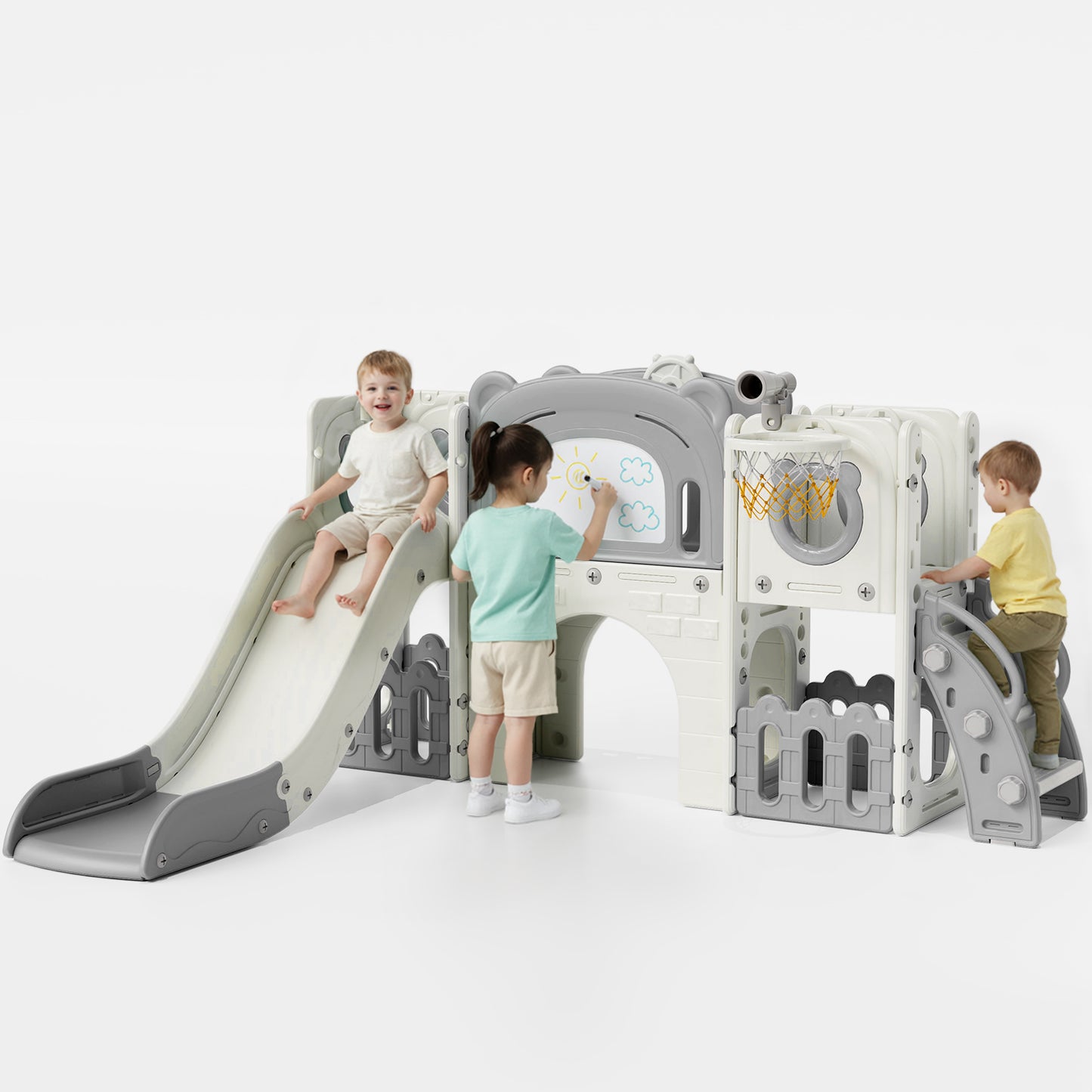 Pirecart 10-in-1 Kids Slide, Indoor Outdoor Toddler Slide Playground with Drawing Board, Basketball Hoop, Tunnel & Storage for Playroom, Kindergarten, Backyard, Gift for Children Age 3+