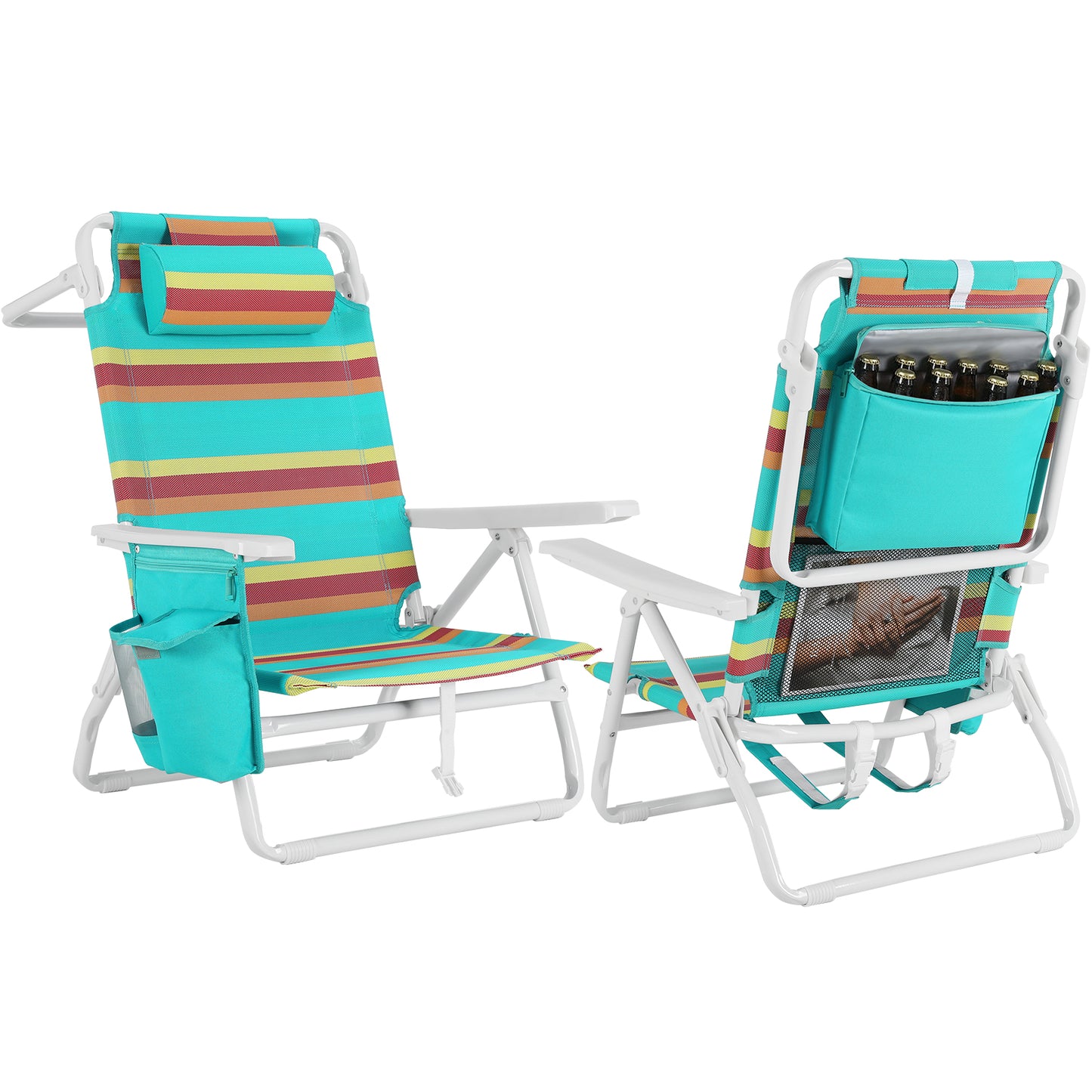 Foldable Beach Chair, 5-Position Lay Flat Reclining Beach Chair W/ Headrest, Storage Bag, Cooler Pouch,Towel Bar, Foot Mat