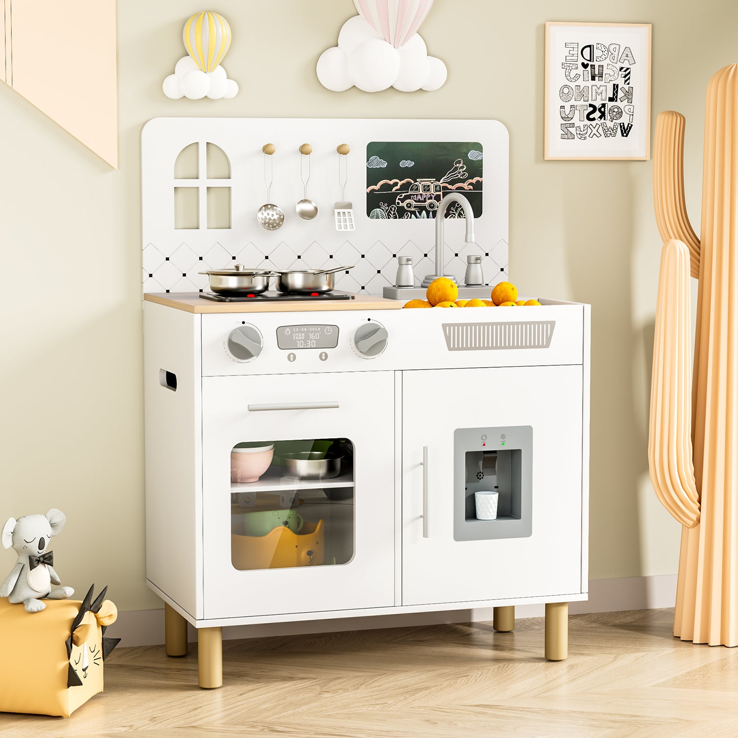 Pirecart Kids Play Kitchen Set, Wooden Kitchen Playset with Real Lights & Sounds, Toddler Pretend Play Kitchen Set with Knob Sounds, Sink, Water Dispenser, 6 Pcs Cookware & Chalkboard Panel