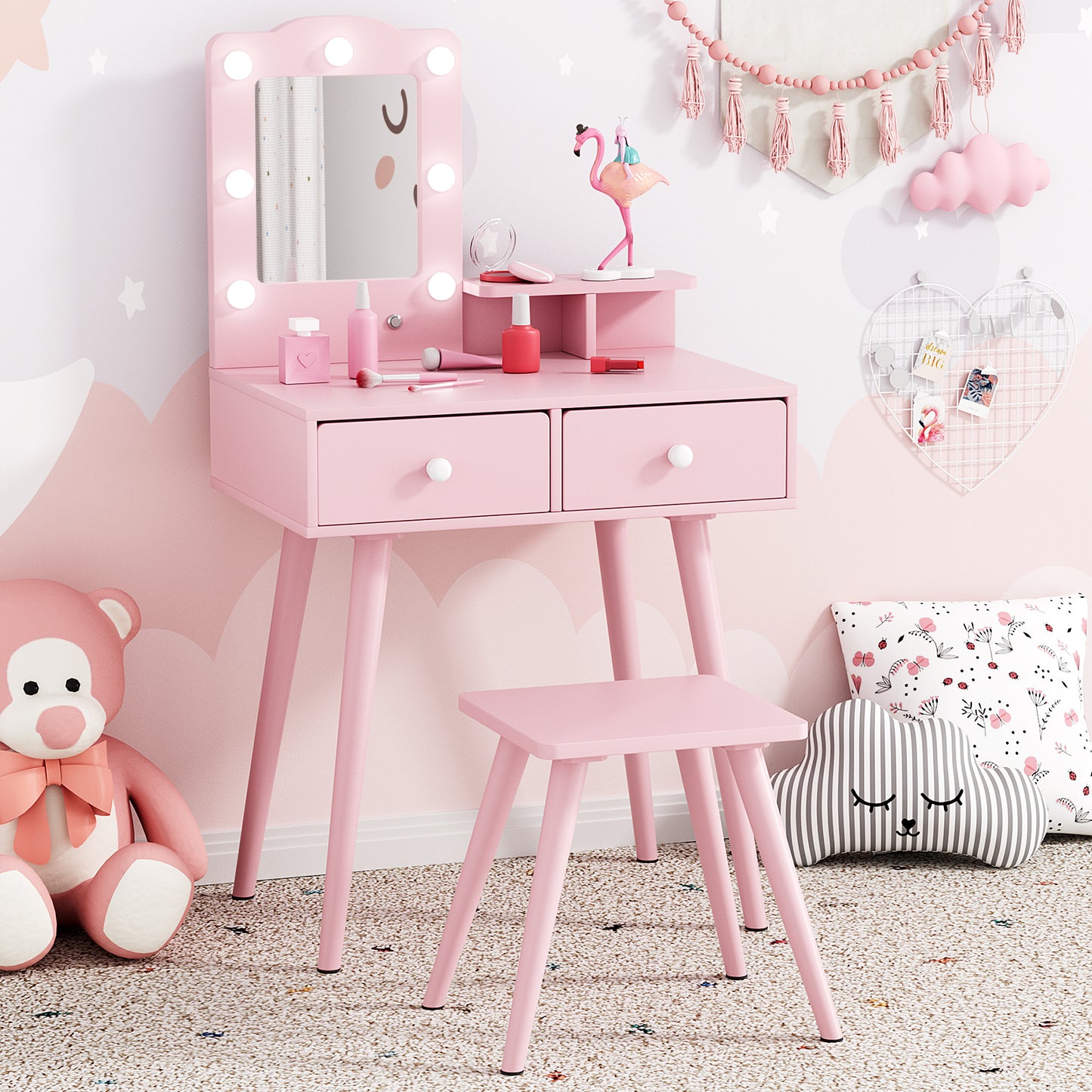 Pirecart Kids Vanity Table and Chair Set, Kids Wood Makeup Dressing Table with 7 Lights, Mirror, 2 Drawers