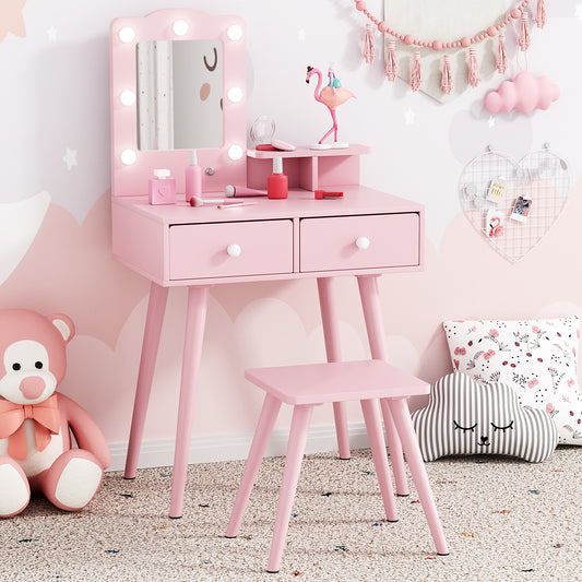 Pirecart Kids Vanity Table and Chair Set, Kids Wood Makeup Dressing Table with 7 Lights, Mirror, 2 Drawers