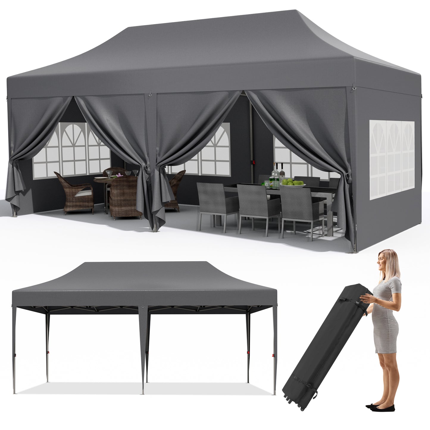 pirecart 10x20ft Pop up Canopy Tent w/6 Sidewalls, Heavy Duty Commercial Instant Gazebo w/Wheeled Bag