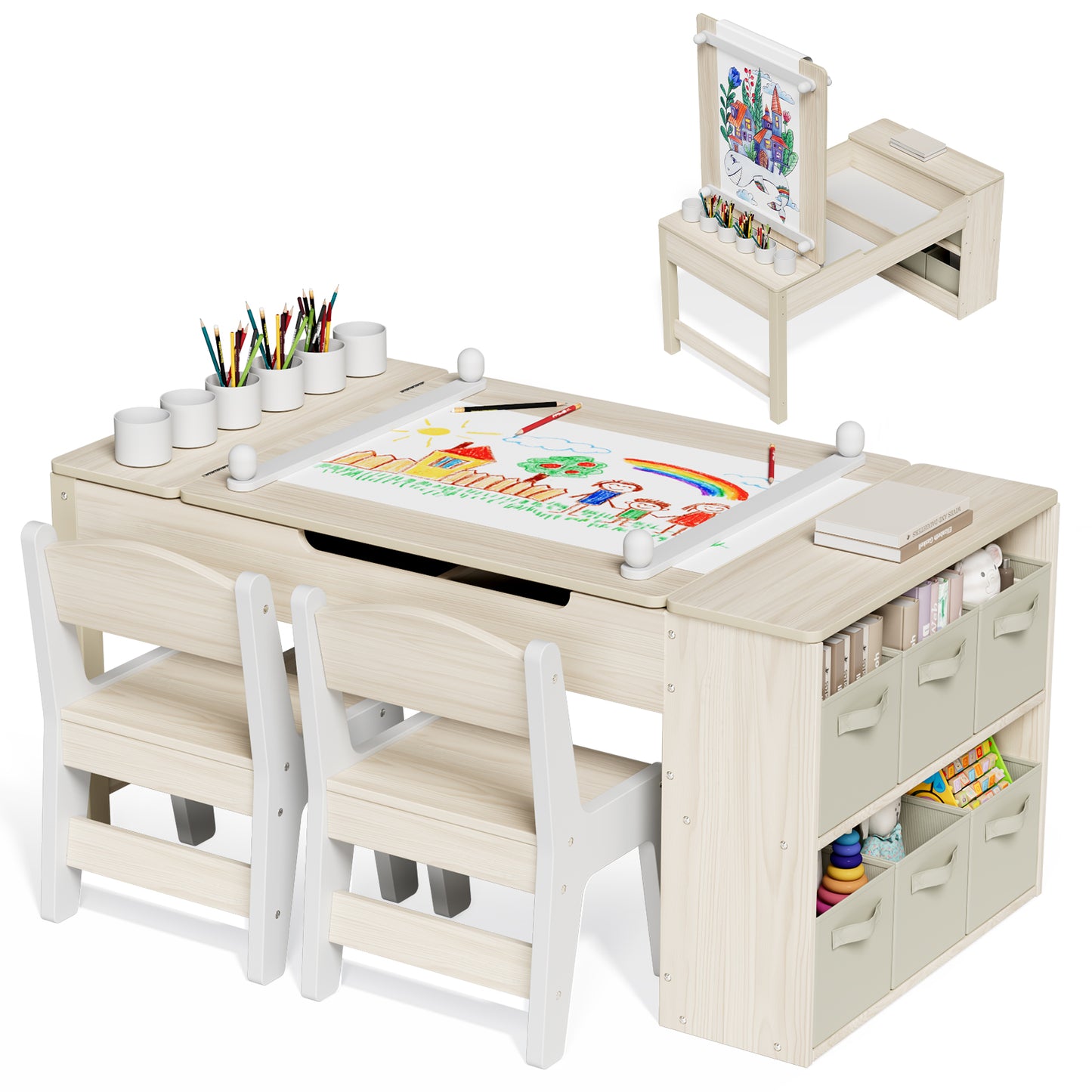 Pirecart 3 in 1 Kids Art Table and Chair Set, Chilldren Art Easel and Wooden Activity Table with 2 Chairs, Storage Bins, Paper Roll, Paint Cups for Draw, Play, Crafts, Read