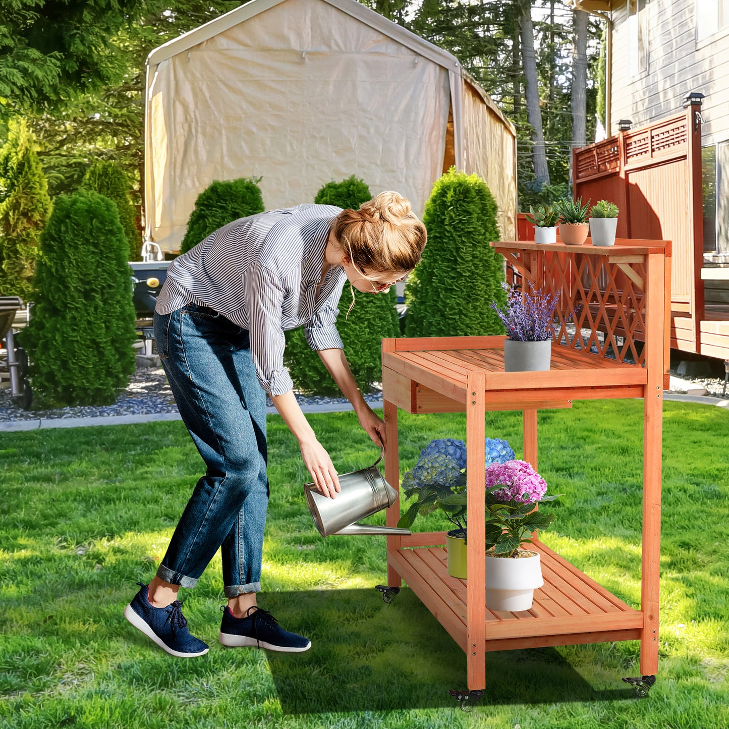 pirecart Outdoor Potting Bench Garden Table with 4 Wheels, Wooden   Planting Table Workstation