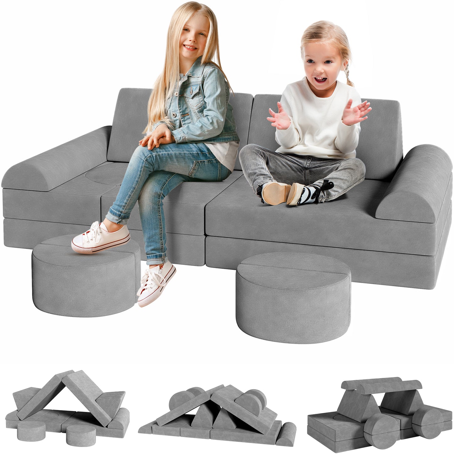 pirecart 14Pcs Modular Kids Play Couch Toddler Sofa Couch Creative Sectional Couch Play Set