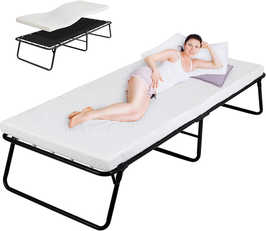 pirecart Folding Bed,Rollaway Bed with Mattress for Adults,Foldable Bed,Portable Bed,Metal Bed Frame with Memory Foam Mattress, Guest Bed for Bedroom,Office,Camp,No Assembly Required