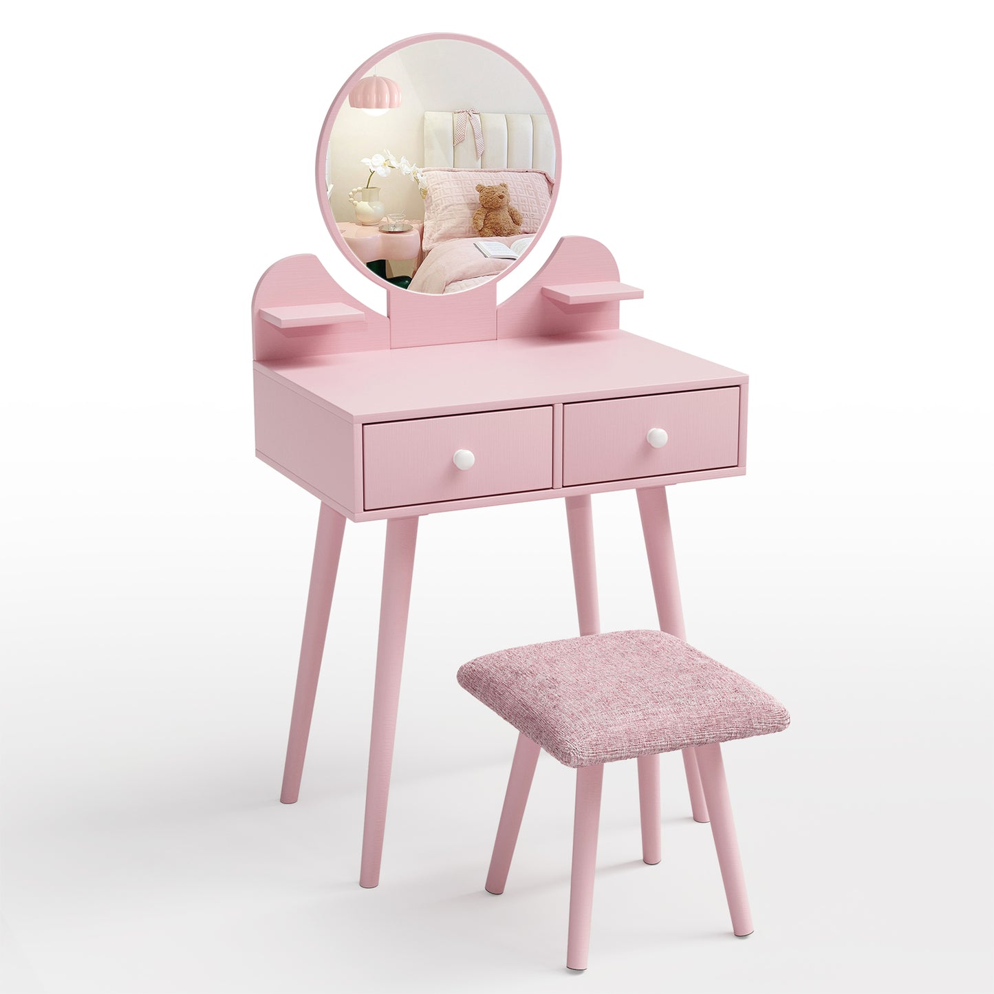 Pirecart Kids Vanity Table and Chair Set, 2 in 1 Wooden Makeup Table and Stool with Storage Drawer & Shelves & Detachable Top, Girls Vanit for Age 3+