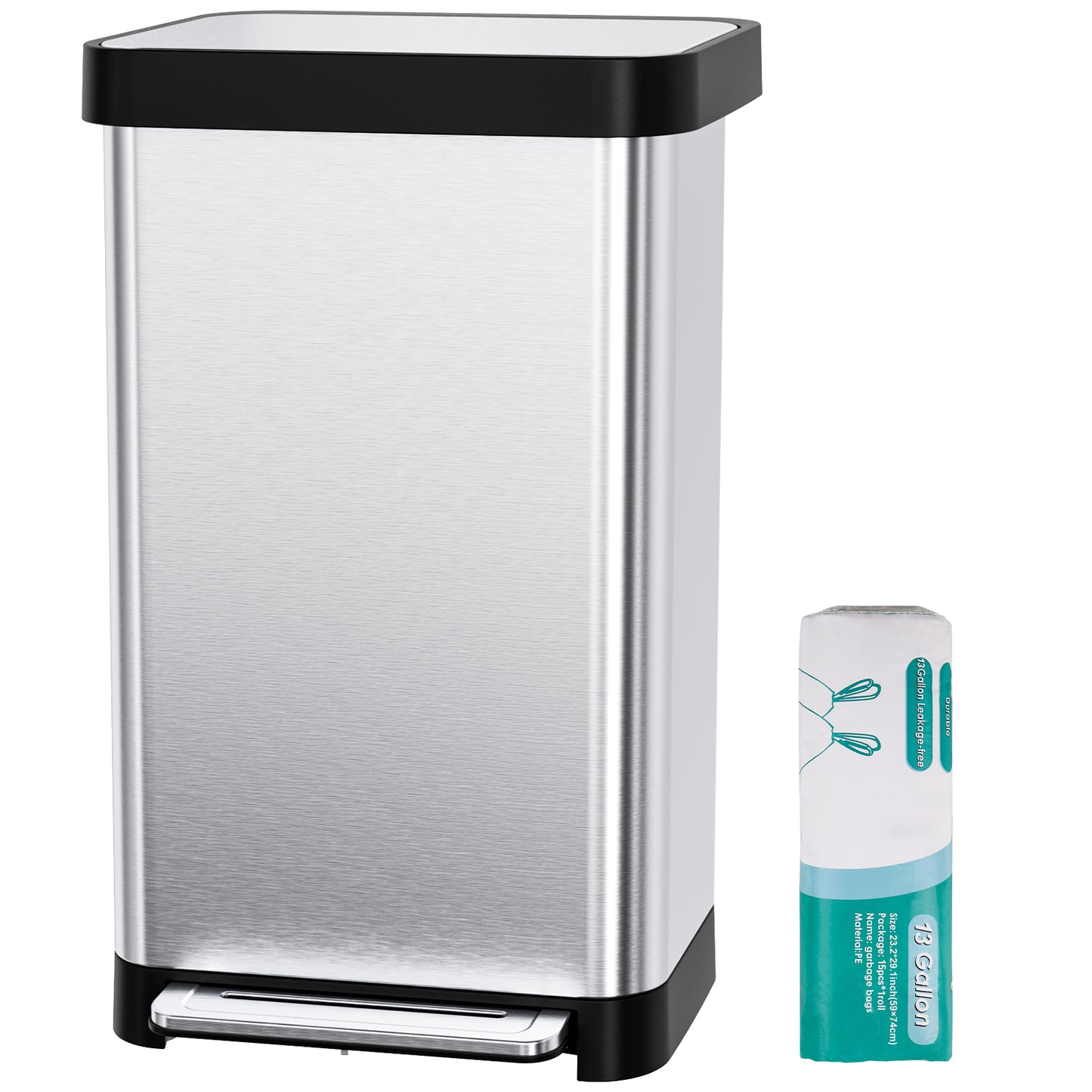 Pirecart 13.2 Gal Stainless Steel Trash Can, Soft-Close Lid Grabage Can with 15 Inner Bags, Rear Trash Bag Storage Compartment, Large Capacity Step Trash Can With Built-In Deodorizer Box