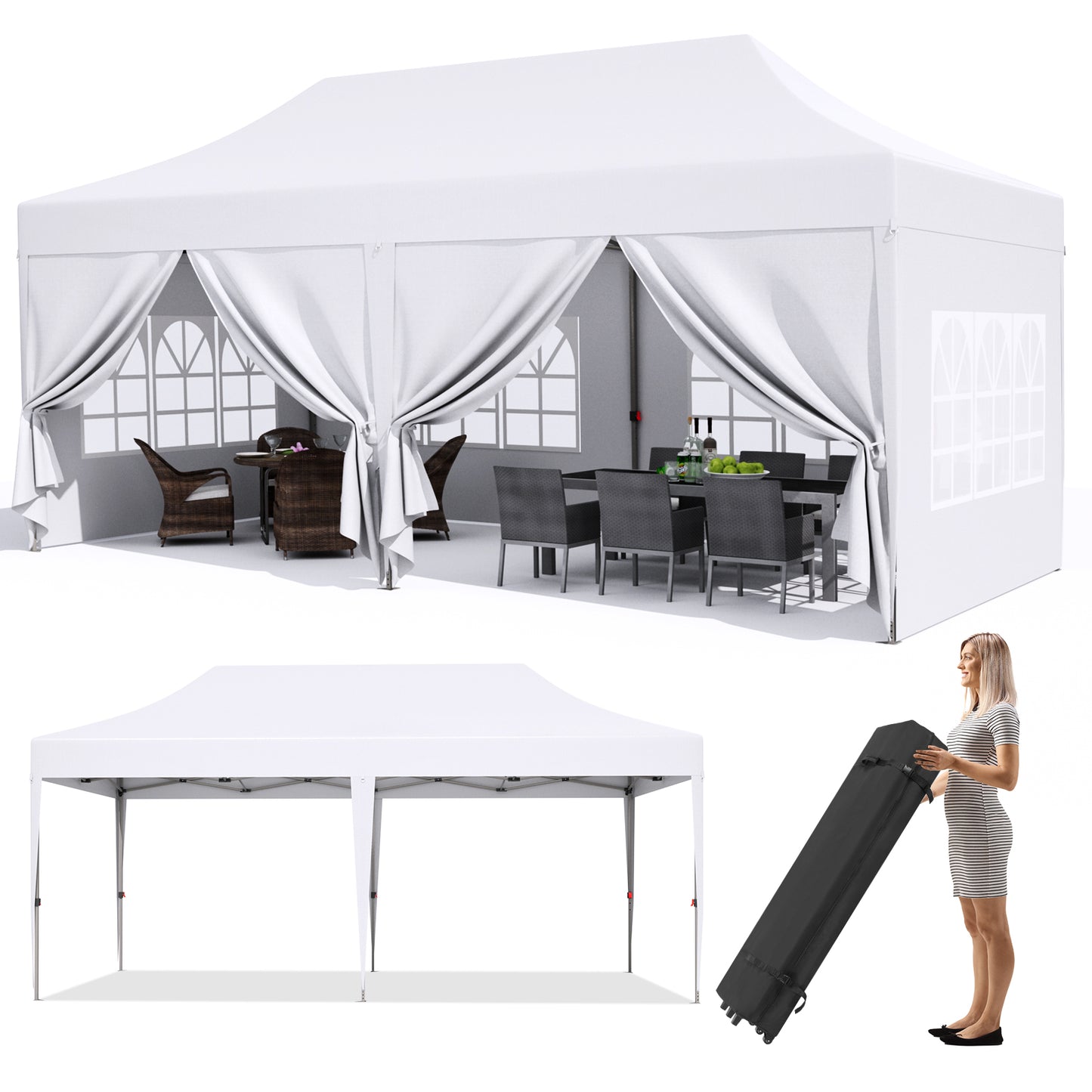 pirecart 10x20ft Pop up Canopy Tent w/6 Sidewalls, Heavy Duty Commercial Instant Gazebo w/Wheeled Bag