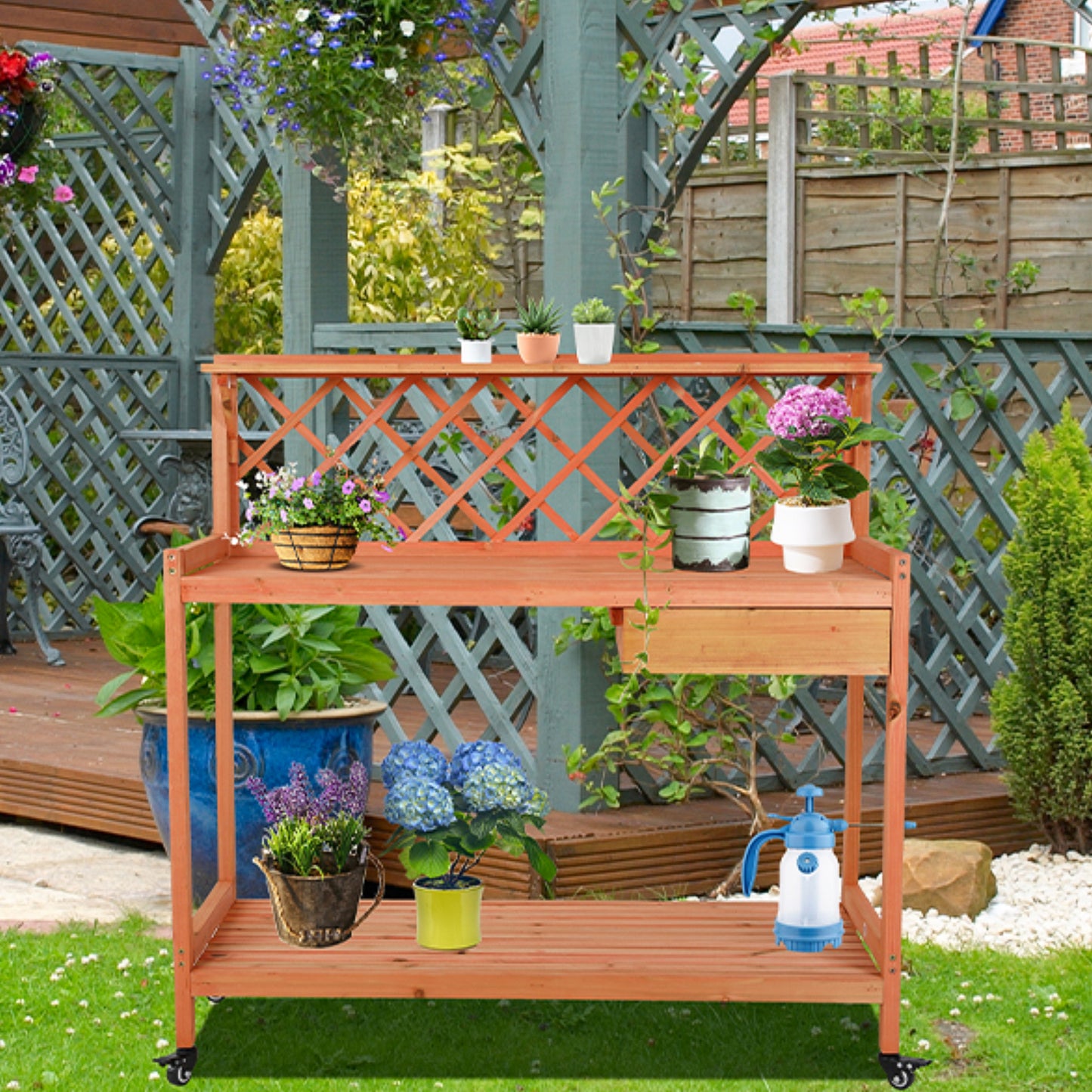 pirecart Outdoor Potting Bench Garden Table with 4 Wheels, Wooden   Planting Table Workstation