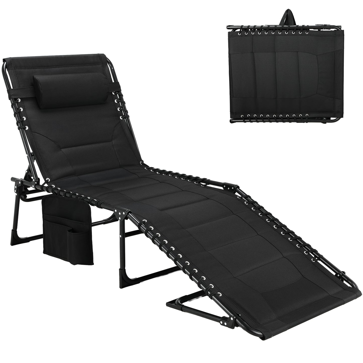 Pirecart 5-Position Adjustable Lounge Chair, Padded Folding Tanning Bed Chaise Lounge Chair, with Pillow, Side Pocket, Carrying Handle