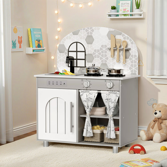 Pirecart Kids Play Kitchen, Toddler Wooden Kitchen Playset with Cooking Accessories and Clicking Knobs, Educational Chef Pretend Play Set for Ages 3+