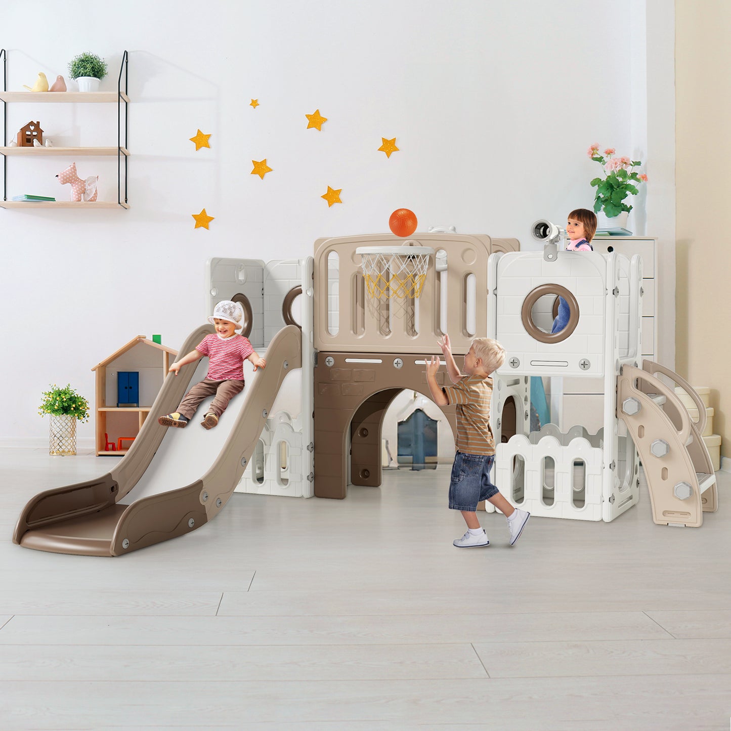 Pirecart Large Toddler Slide, Indoor Outdoor Kids Climber Playset with Basketball Hoop, Storage Space, Tunnel for Boys and Girls