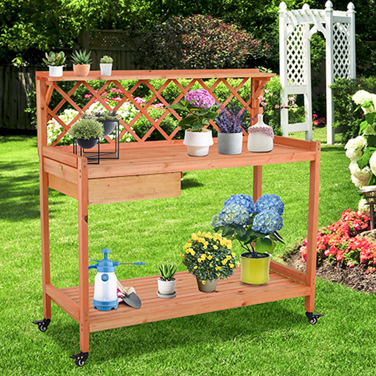 pirecart Outdoor Potting Bench Garden Table with 4 Wheels, Wooden   Planting Table Workstation