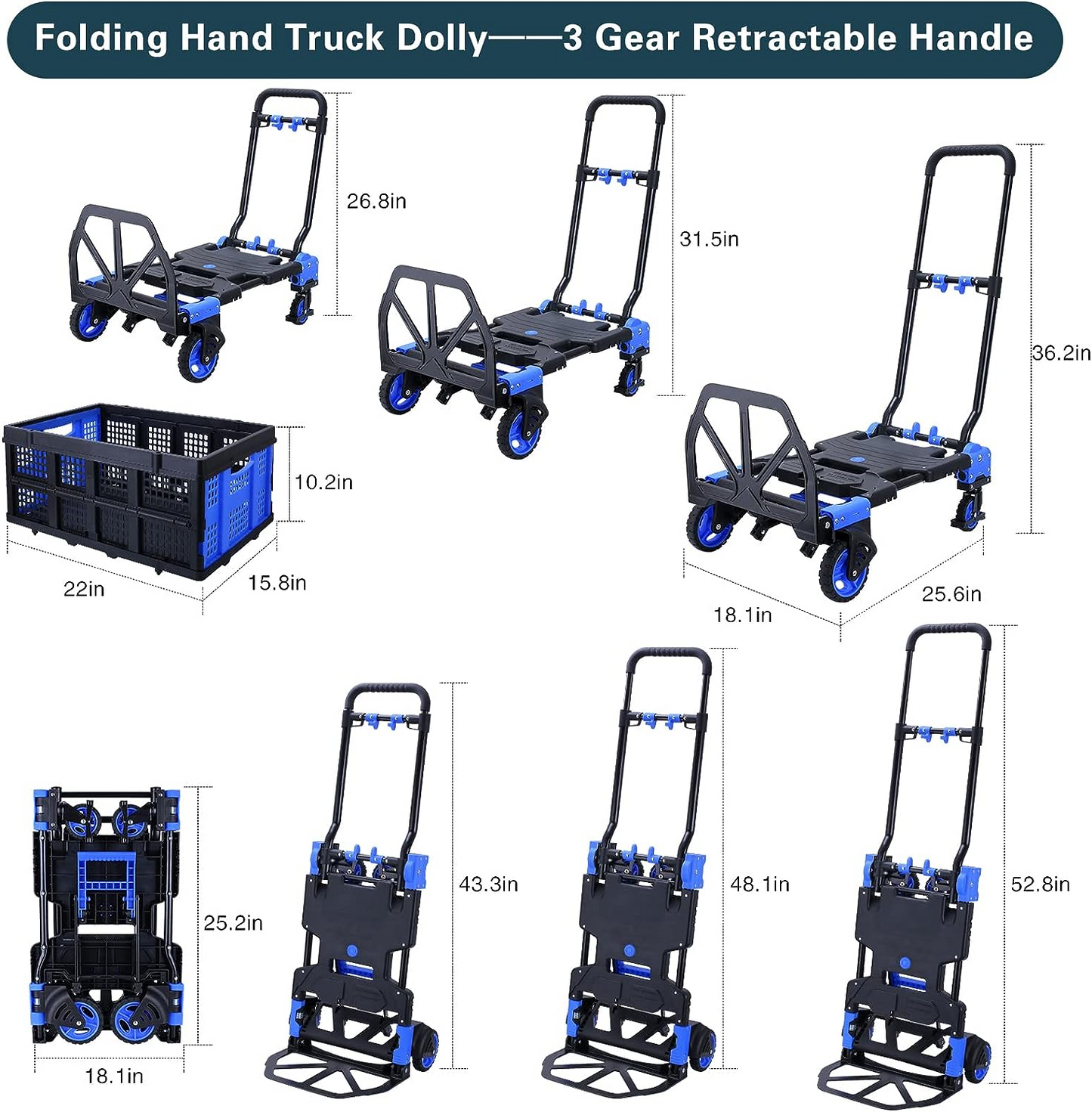 Pirecart Portable Hand Truck, Platform Cart with 4 Wheels& 22" Storage Box, 3-in-1 Folded Dolly Cart Max Load 300Lbs for Travel, Luggage, Shopping, Moving Use