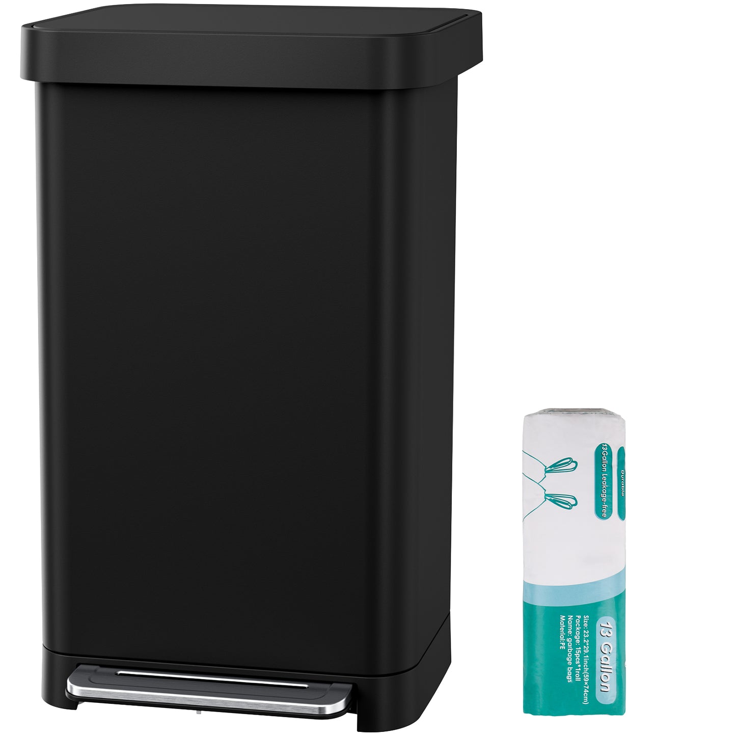 Pirecart 13.2 Gal Stainless Steel Trash Can, Soft-Close Lid Grabage Can with 15 Inner Bags, Rear Trash Bag Storage Compartment, Large Capacity Step Trash Can With Built-In Deodorizer Box