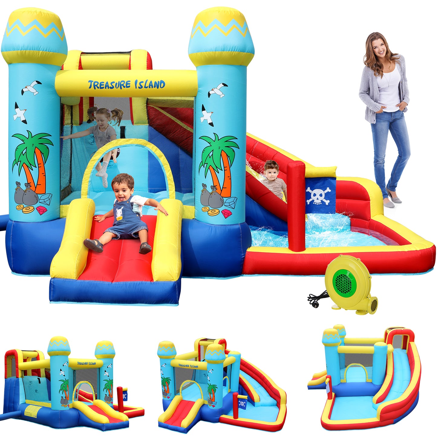 pirecart Inflatable Bounce House Kid Water Splash Pool Slide Jumping Castle with Blower