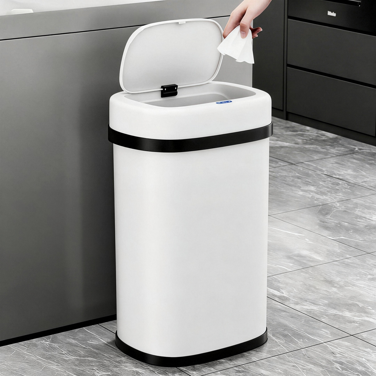 Pirecart Motion Sensor Trash Can, Stainless Steel Automatic Garbage Can with Soft-Close Lid, for Kitchen/Living Room/Office, Silver, Black, White