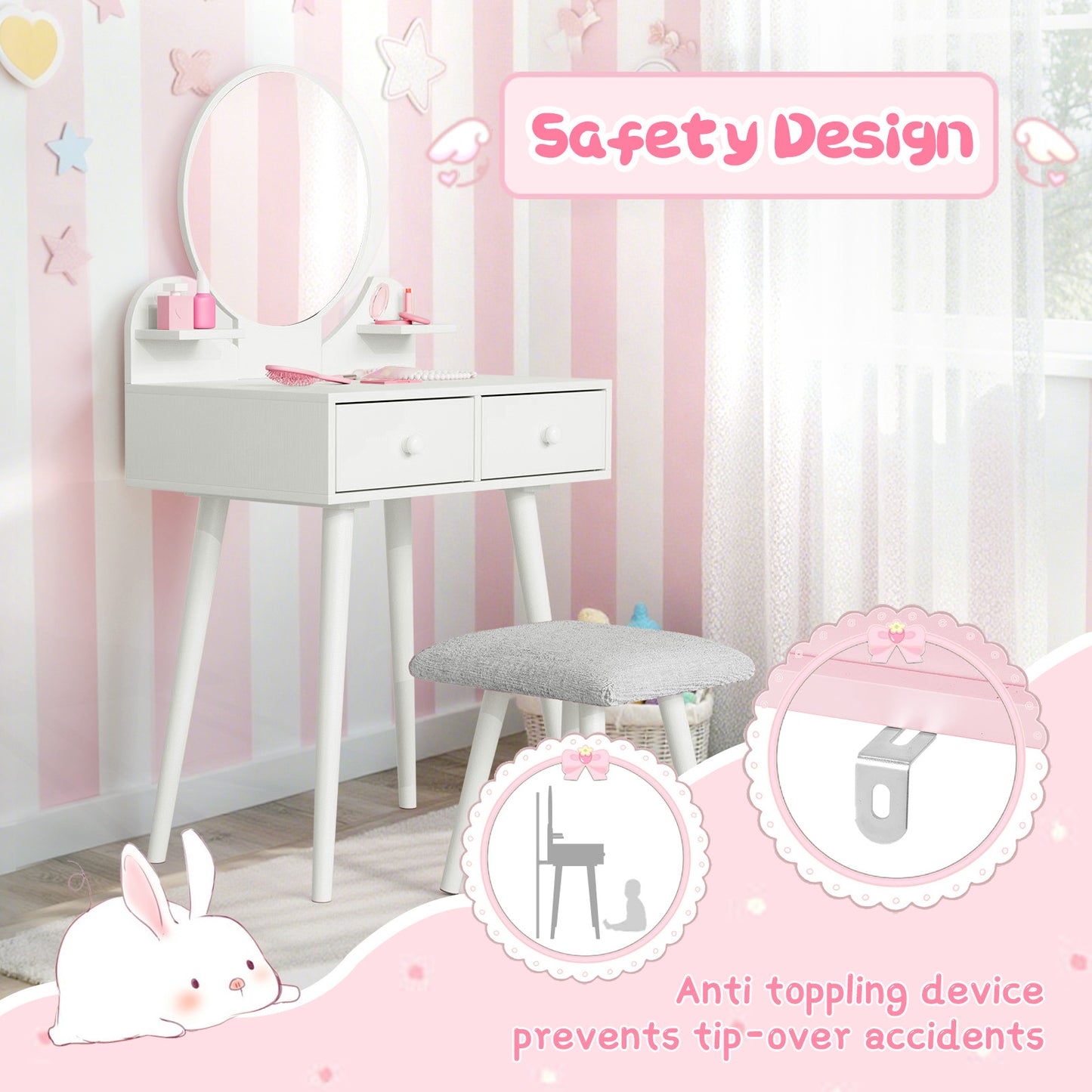 Pirecart Kids Vanity Table and Chair Set, 2 in 1 Wooden Makeup Table and Stool with Storage Drawer & Shelves & Detachable Top, Girls Vanit for Age 3+