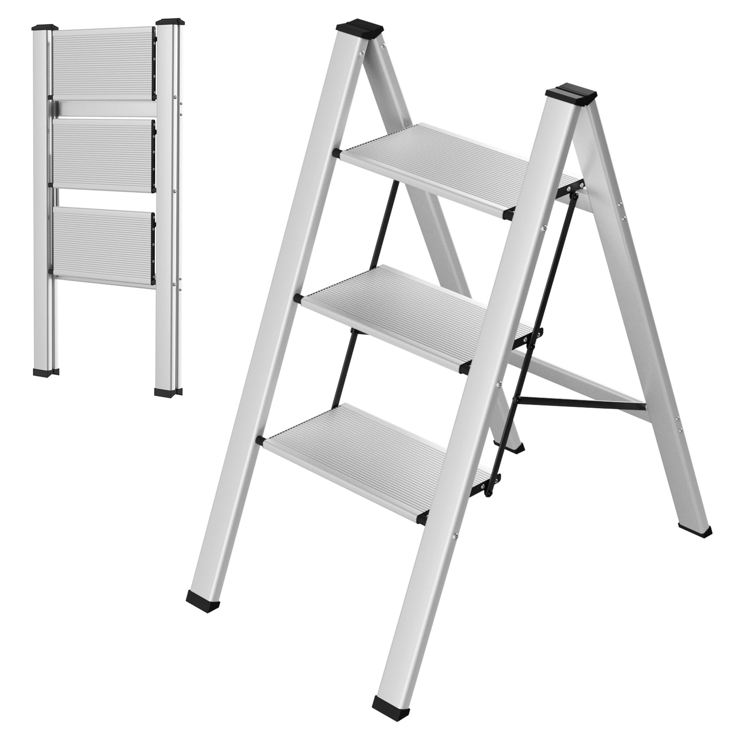 pirecart 3/4 Step Ladder, Aluminum Portable Folding Step Stool with Wide Anti-Slip Pedals