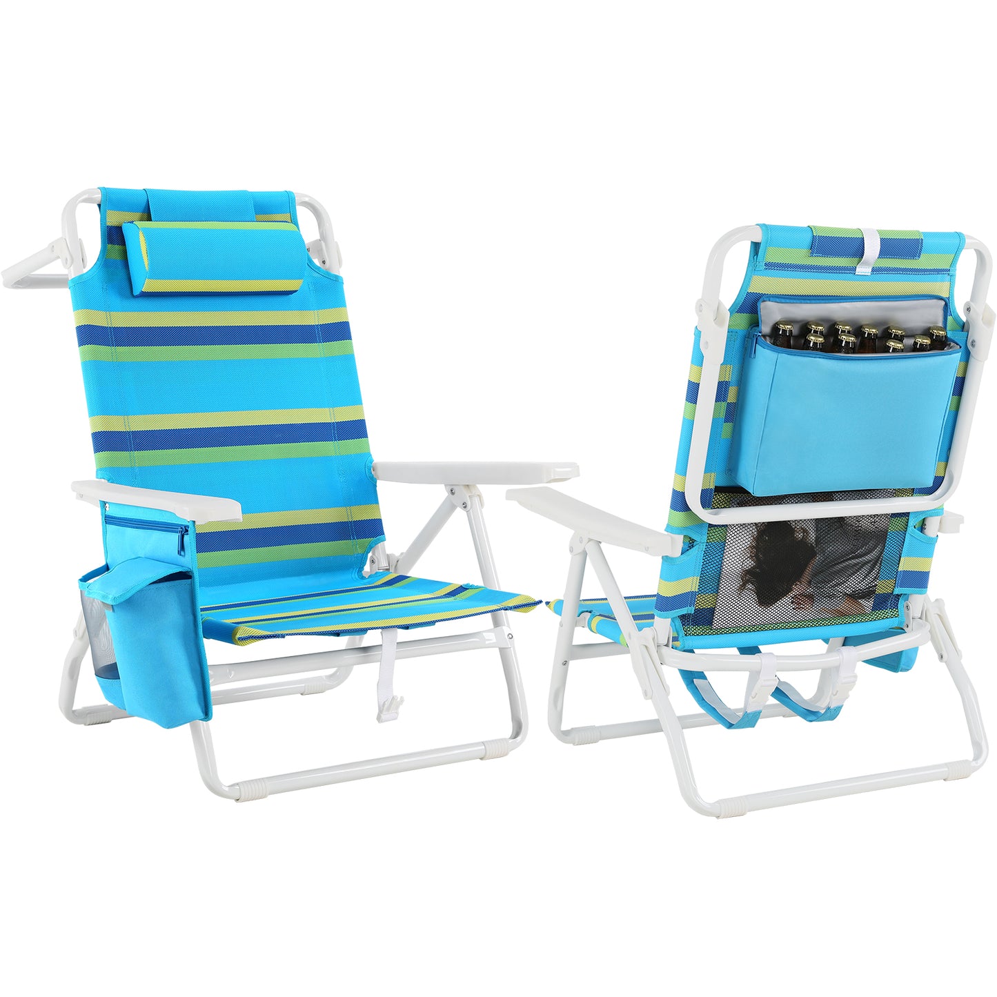 Foldable Beach Chair, 5-Position Lay Flat Reclining Beach Chair W/ Headrest, Storage Bag, Cooler Pouch,Towel Bar, Foot Mat