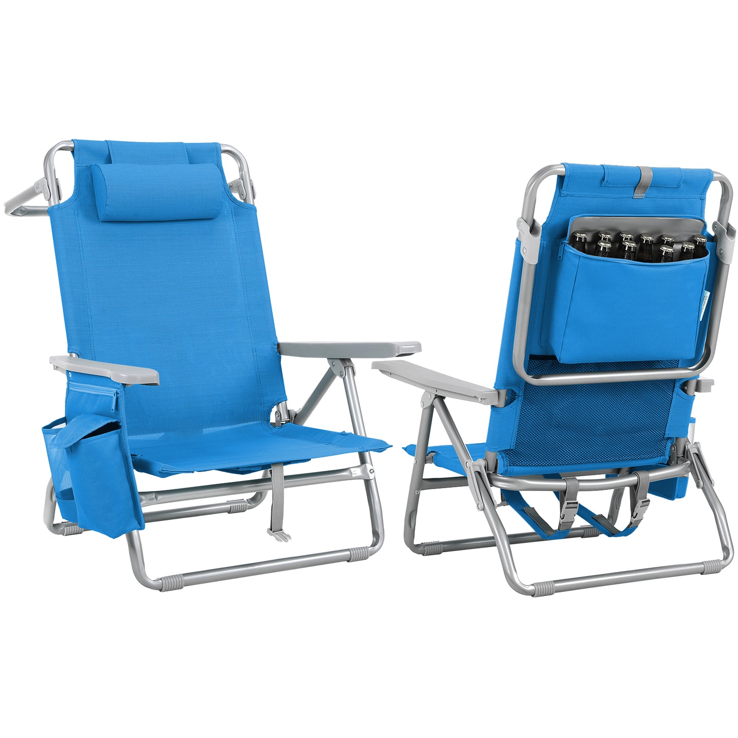 Foldable Beach Chair, 5-Position Lay Flat Reclining Beach Chair W/ Headrest, Storage Bag, Cooler Pouch,Towel Bar, Foot Mat