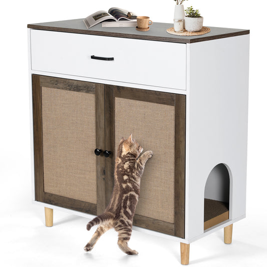 pirecart Hidden Cat Litter Box Enclosure Furniture Wood Cat House with Sisal Doors