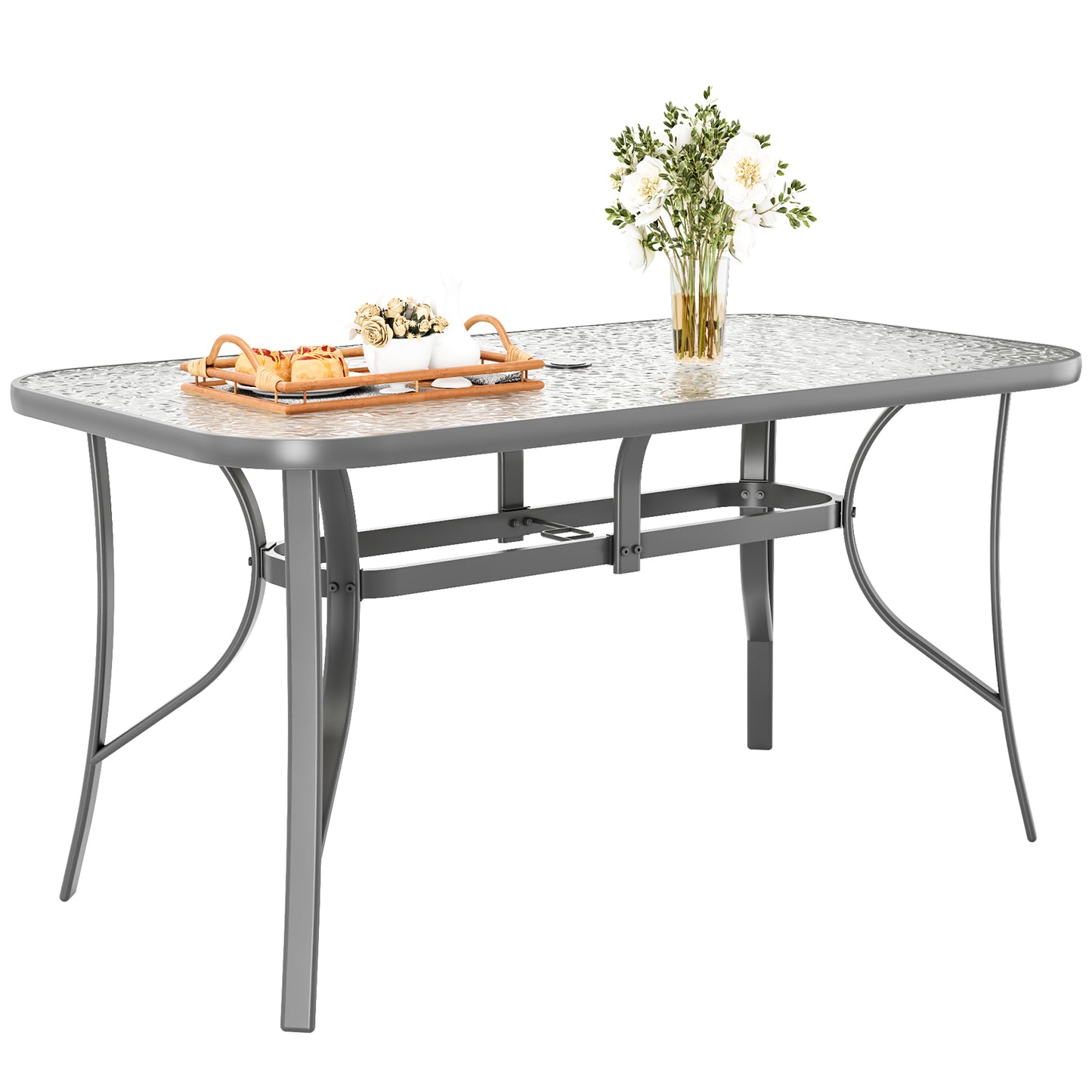 Piecart Outdoor Dining Table with Umbrella Hole, Rectangular Glass Patio Table, Patio Table for Outside, Garden, Balcony