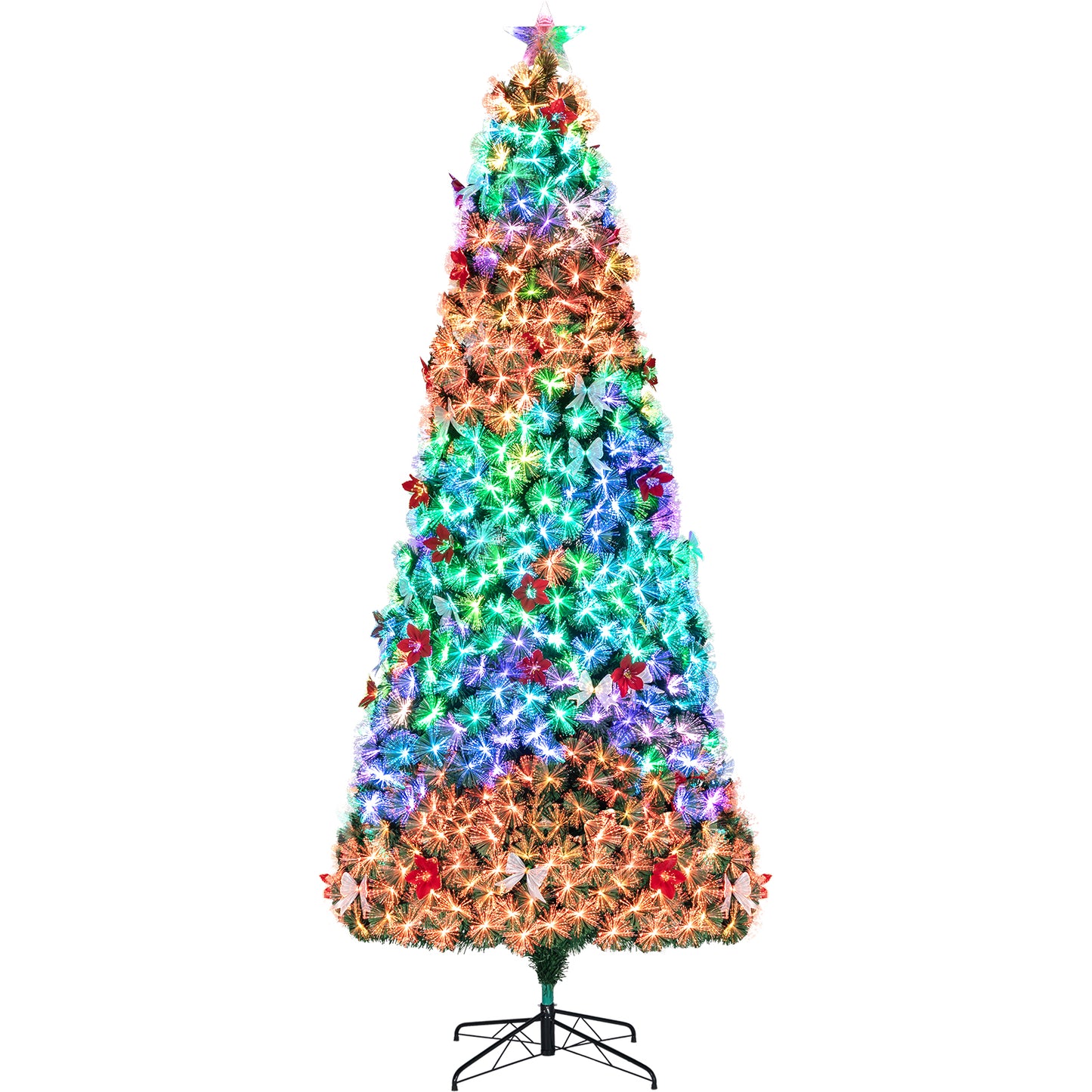 pirecart 6/8/9/10 ft Fiber Optic Artificial Christmas Tree, Pre-Lit Christmas Tree with Artificial Flowers and Bow