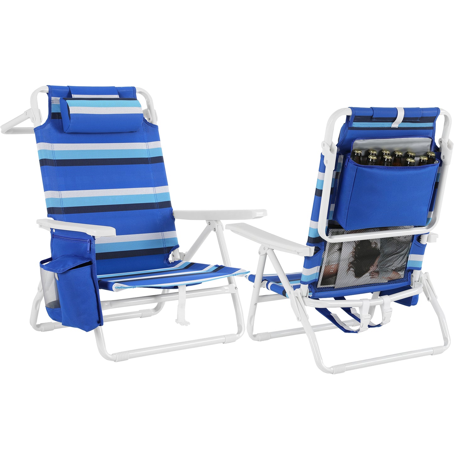 Foldable Beach Chair, 5-Position Lay Flat Reclining Beach Chair W/ Headrest, Storage Bag, Cooler Pouch,Towel Bar, Foot Mat